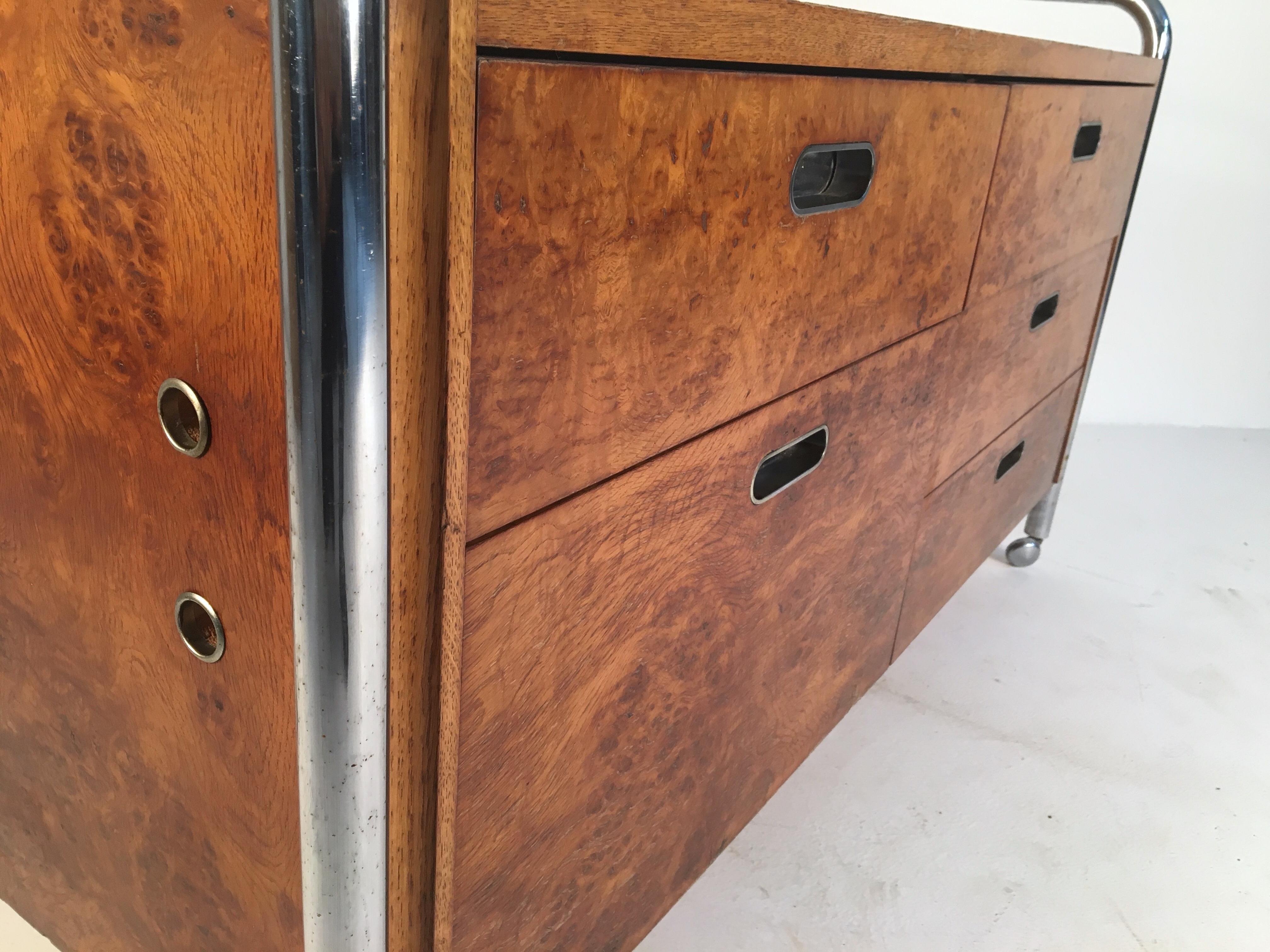 Bauhaus Style Midcentury Burl, Oak and Tubular Chrome Credenza or Sideboard For Sale 8