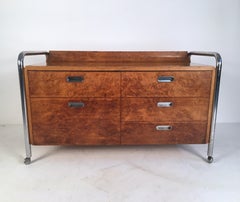 Bauhaus Style Midcentury Burl, Oak and Tubular Chrome Credenza or Sideboard