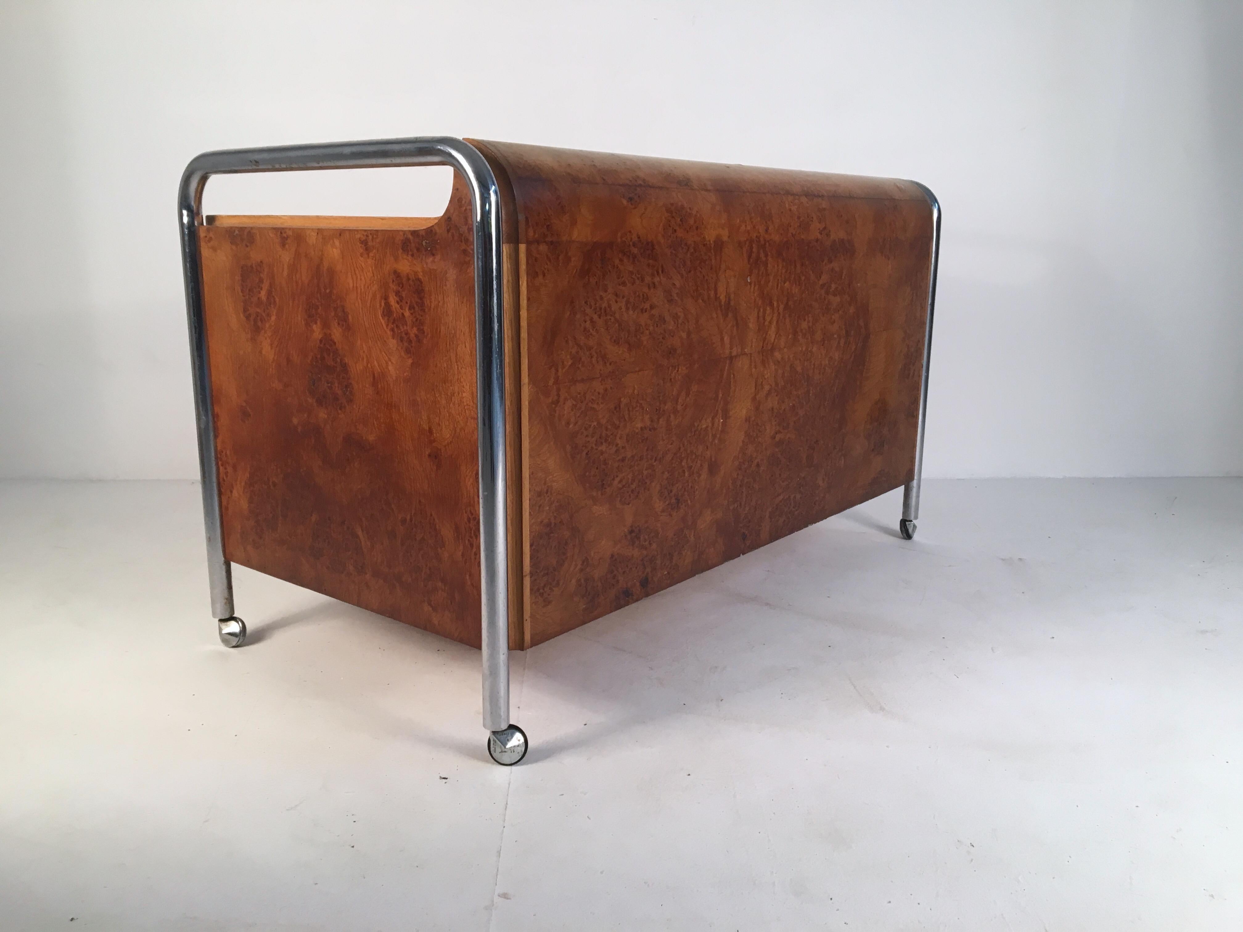 Unknown Bauhaus Style Midcentury Burl, Oak and Tubular Chrome Credenza or Sideboard For Sale