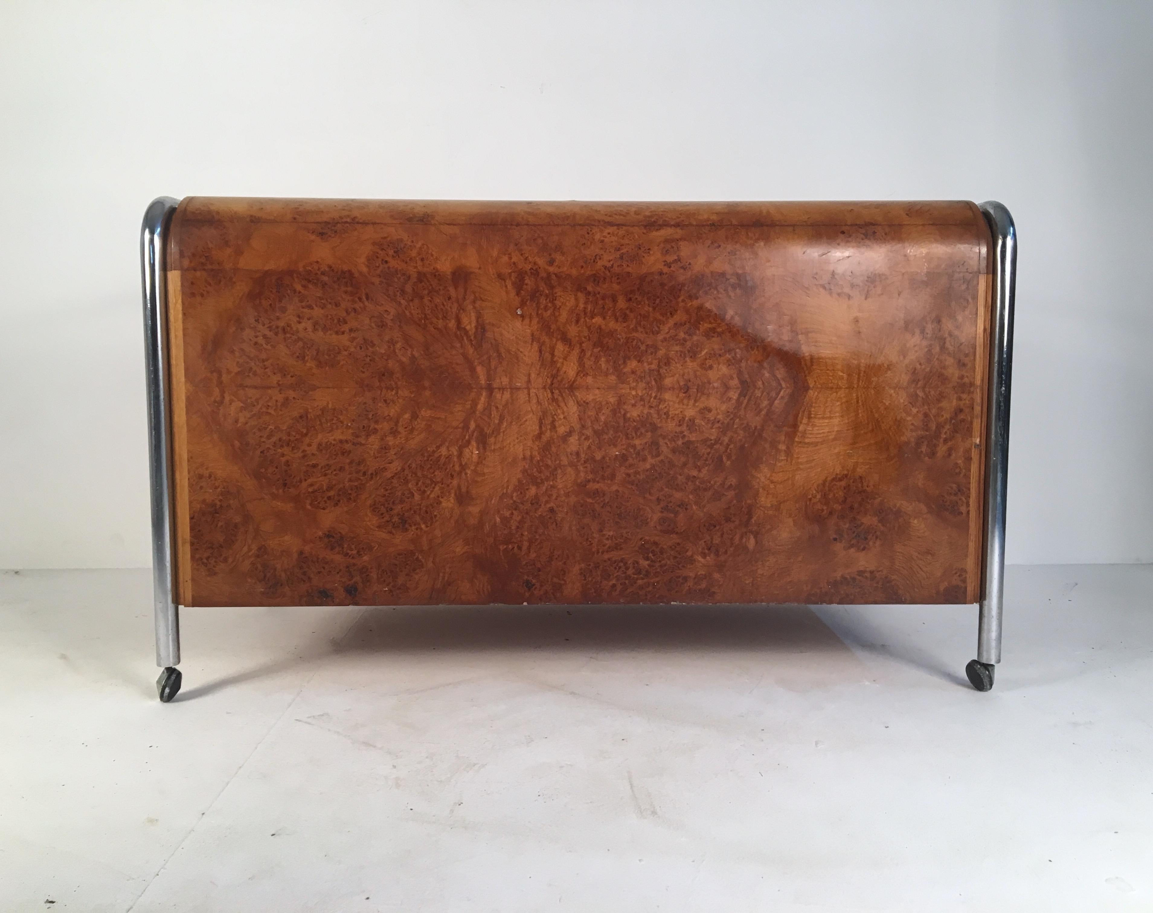 Bauhaus Style Midcentury Burl, Oak and Tubular Chrome Credenza or Sideboard In Good Condition For Sale In London, GB