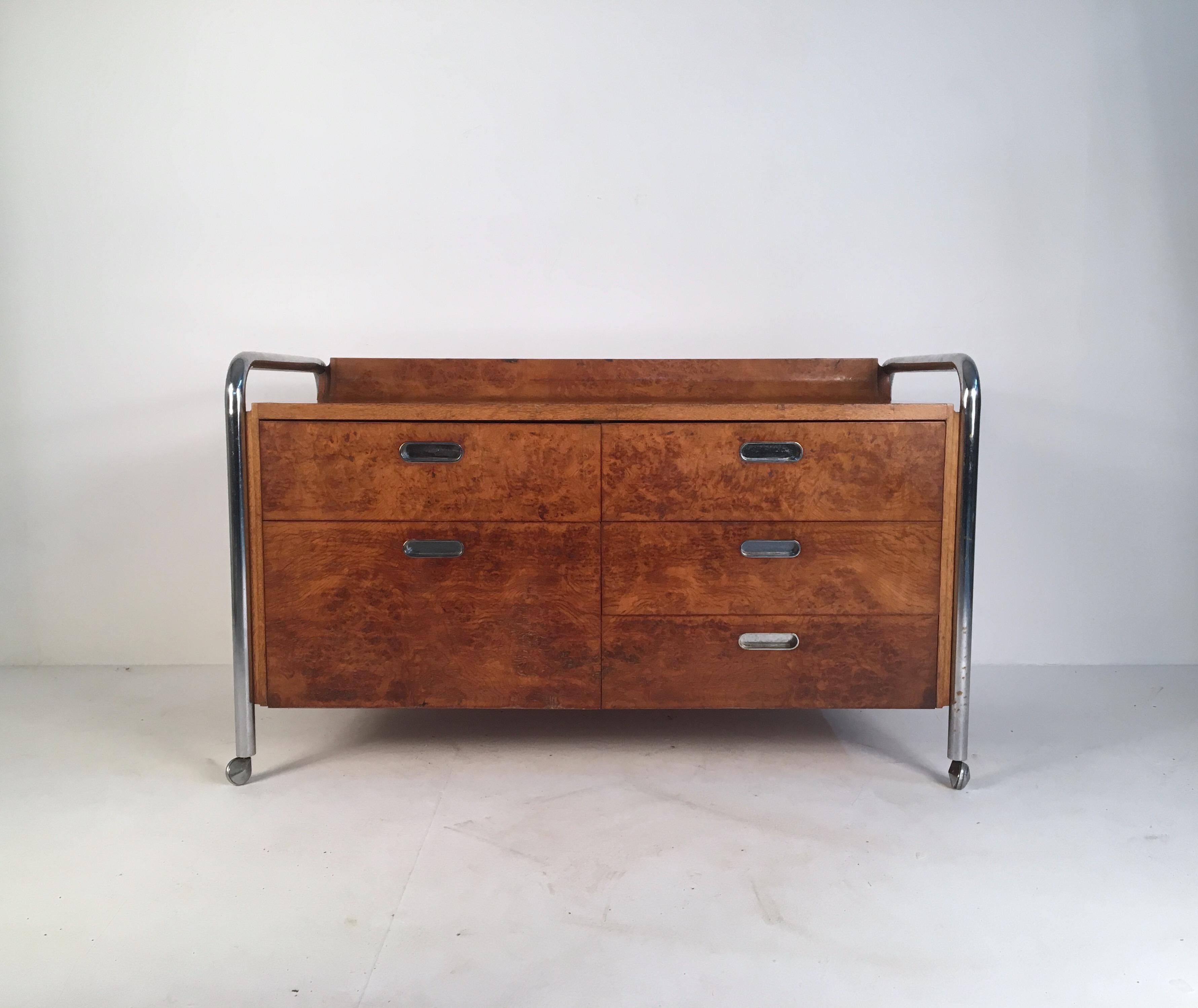 20th Century Bauhaus Style Midcentury Burl, Oak and Tubular Chrome Credenza or Sideboard For Sale
