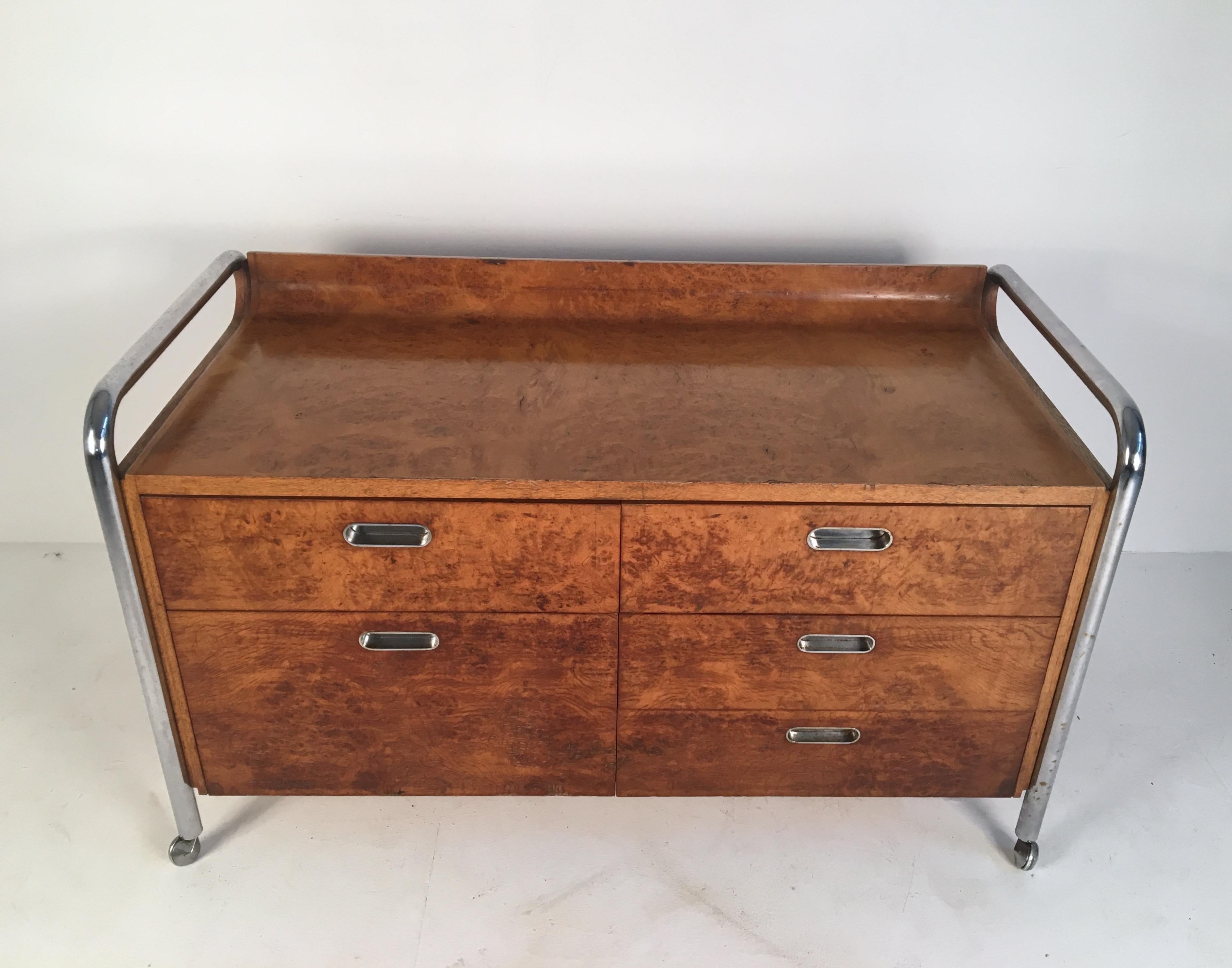 Bauhaus Style Midcentury Burl, Oak and Tubular Chrome Credenza or Sideboard For Sale 1
