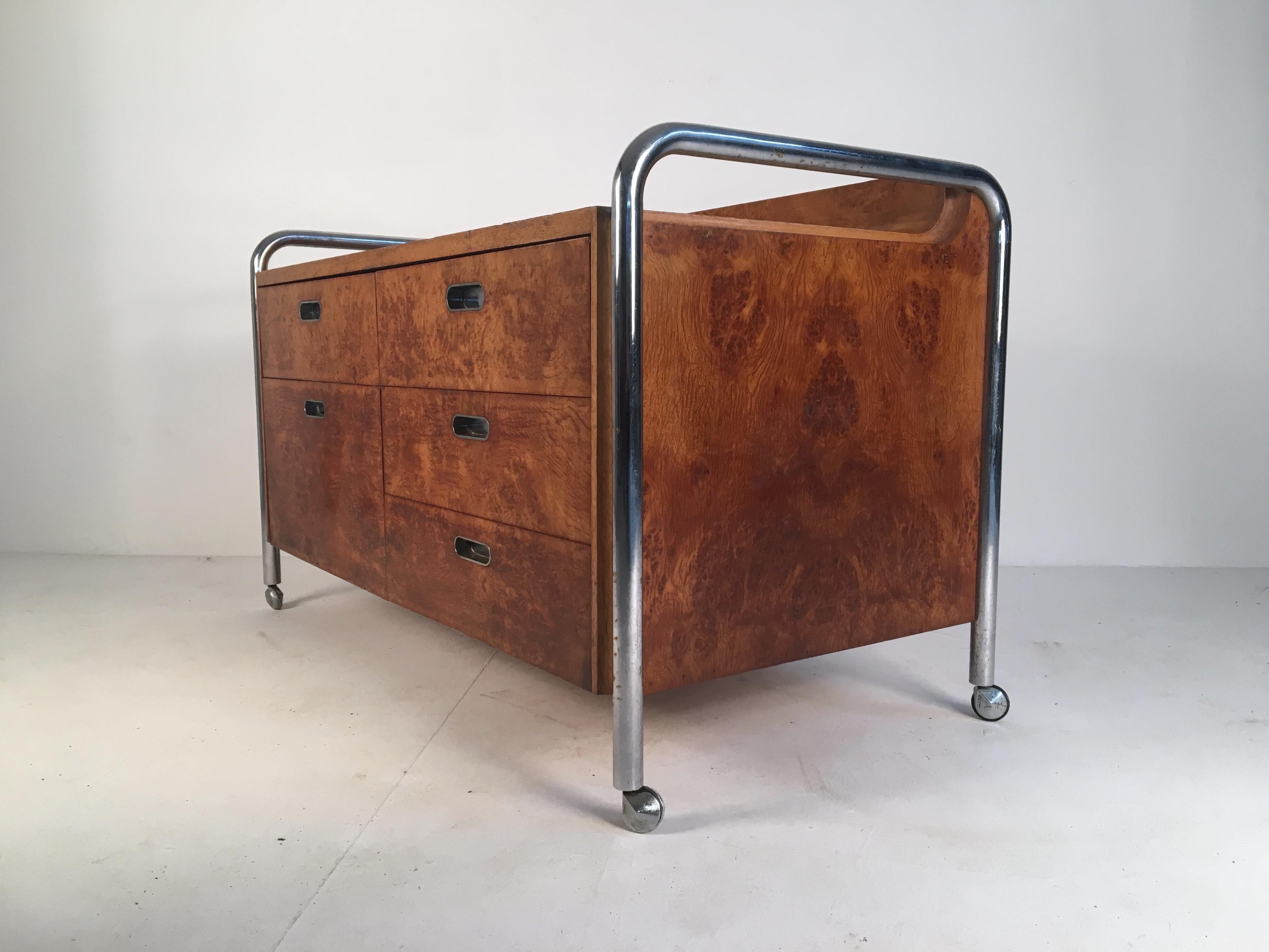 Bauhaus Style Midcentury Burl, Oak and Tubular Chrome Credenza or Sideboard For Sale 2