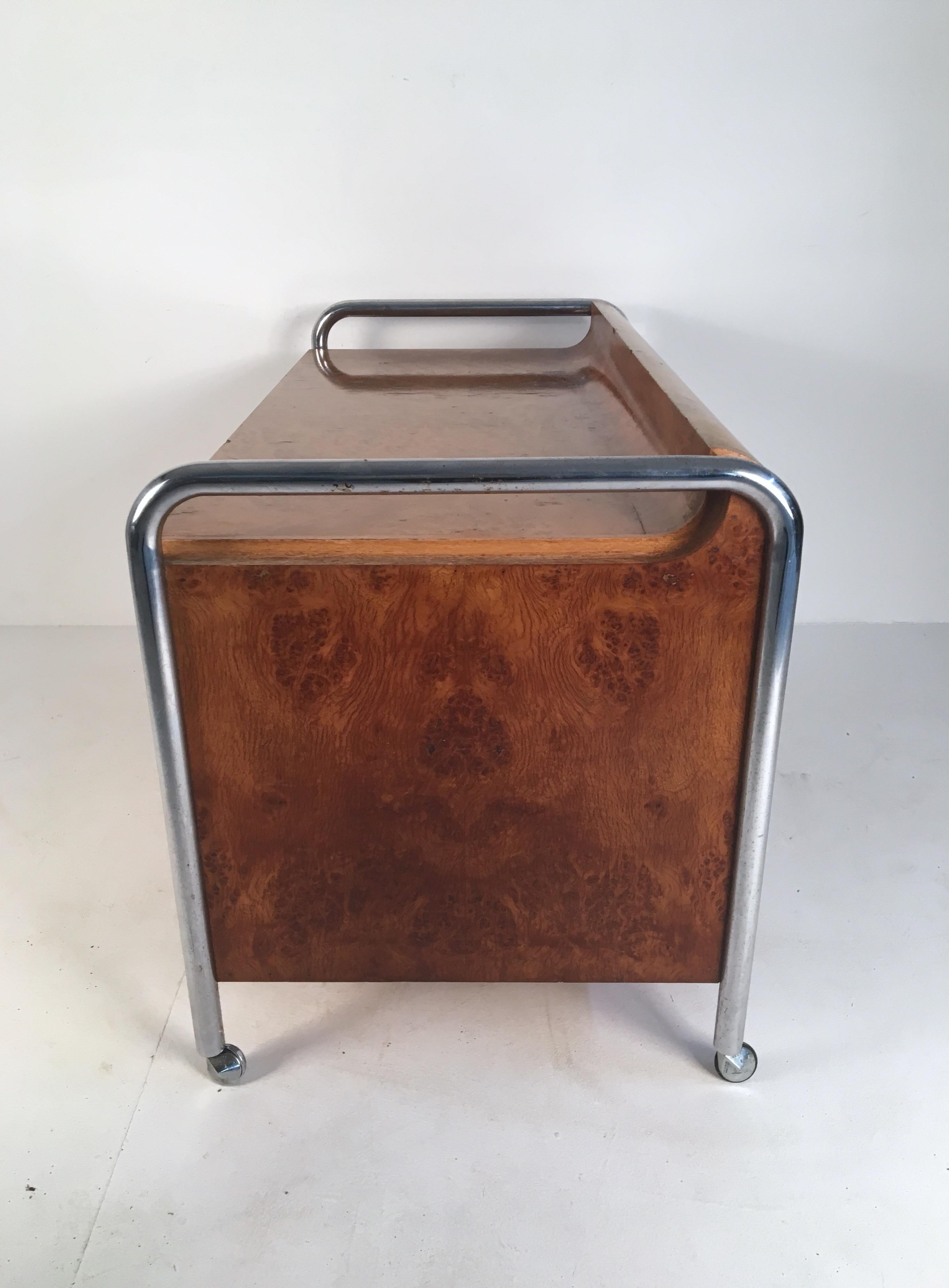 Bauhaus Style Midcentury Burl, Oak and Tubular Chrome Credenza or Sideboard For Sale 3