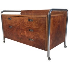 Bauhaus Style Midcentury Burl, Oak and Tubular Chrome Credenza or Sideboard