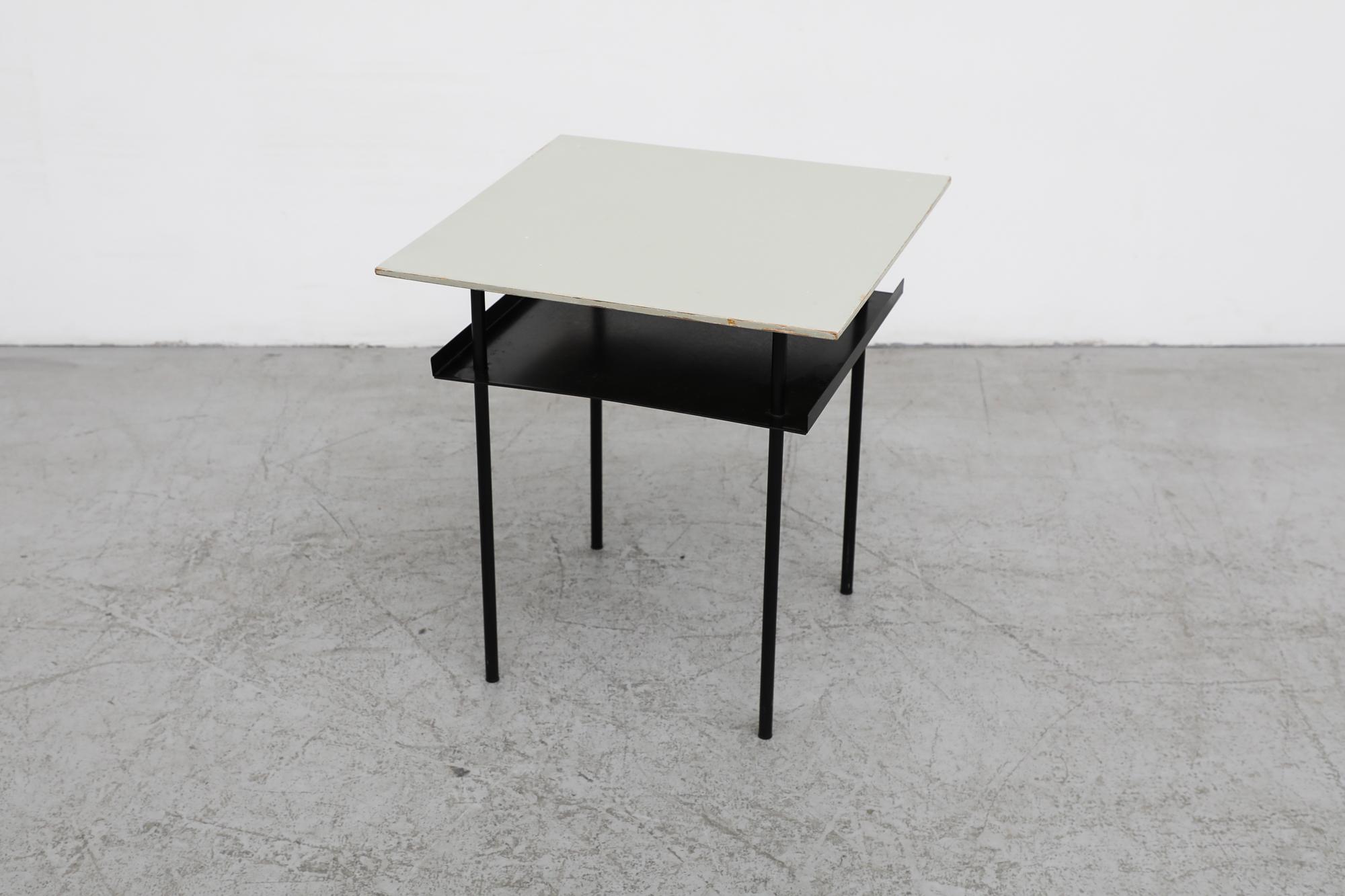 Dutch Bauhaus Style Rietveld Side Table or Night Stand w/ Black Legs & Gray Metal Top For Sale