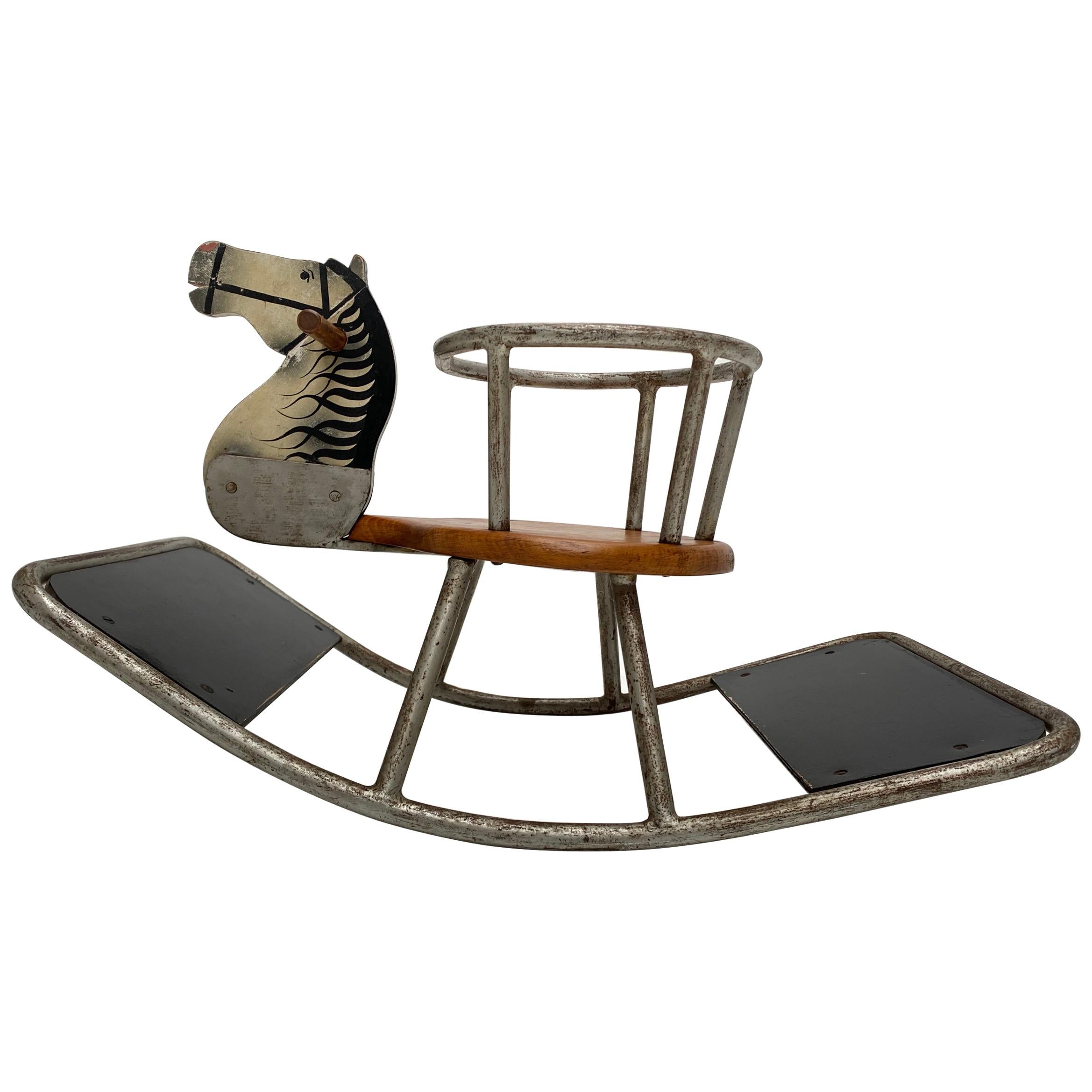 Bauhaus Style Rocking Horse Solid Round Metal and Wood, The Netherlands