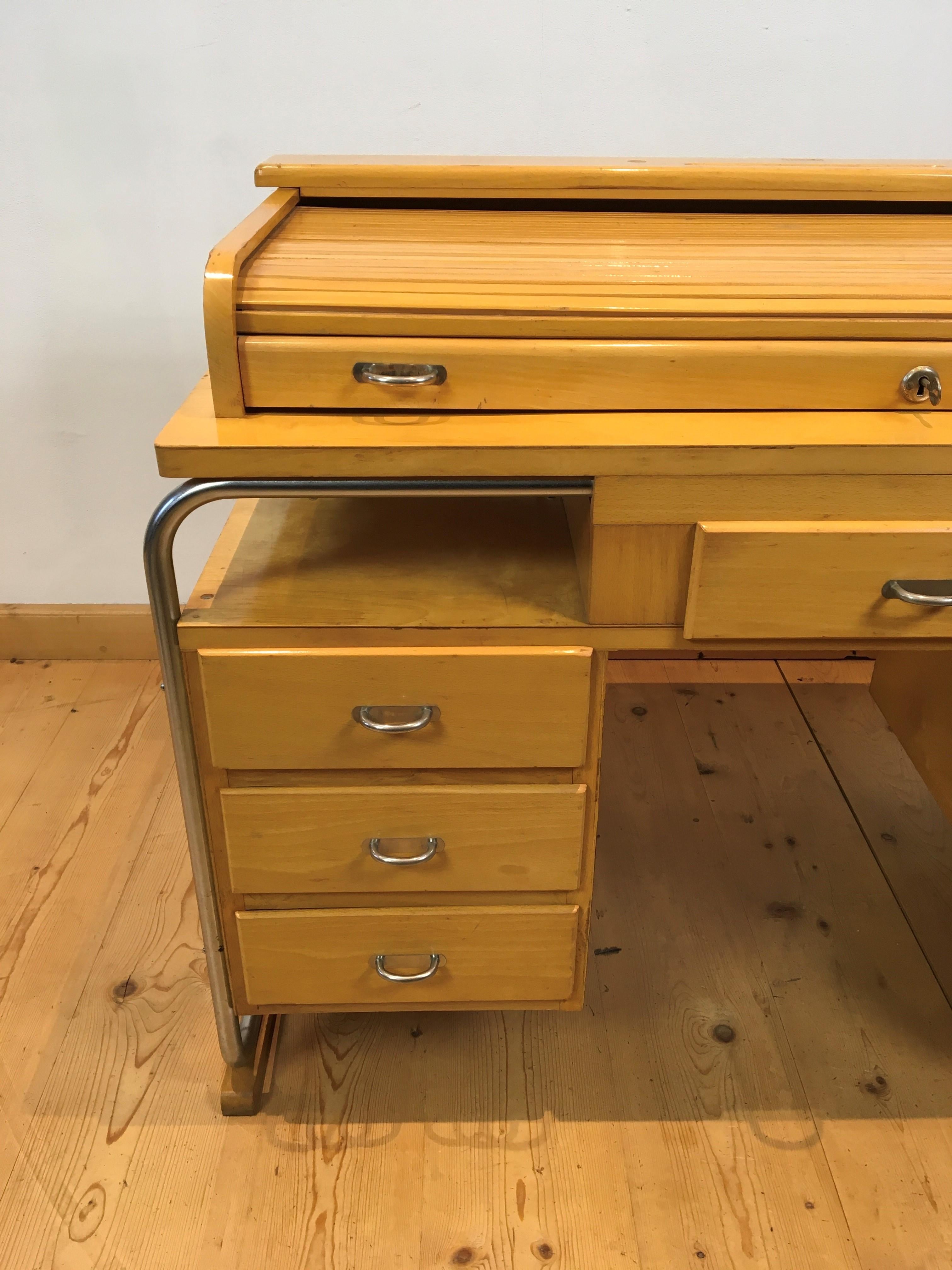 Belgian Bauhaus Style Tambour Desk of Wood and Chrome