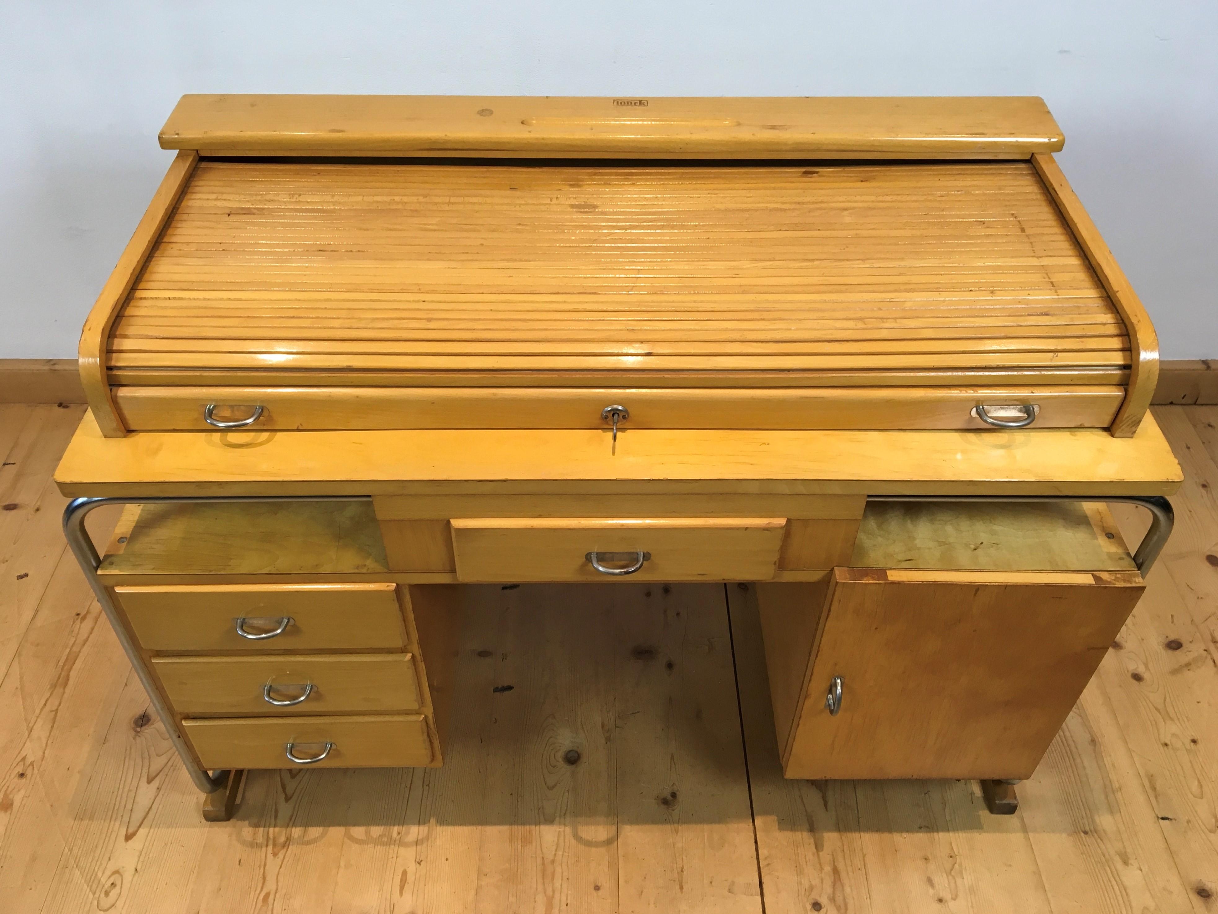 Bauhaus Style Tambour Desk of Wood and Chrome 2