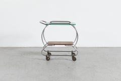 Bauhaus Style Tubular Chrome and Oak Bar Cart with Glass Top