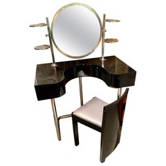 Antique Bauhaus Style Vanity and Chair Black Lacquer Streamline