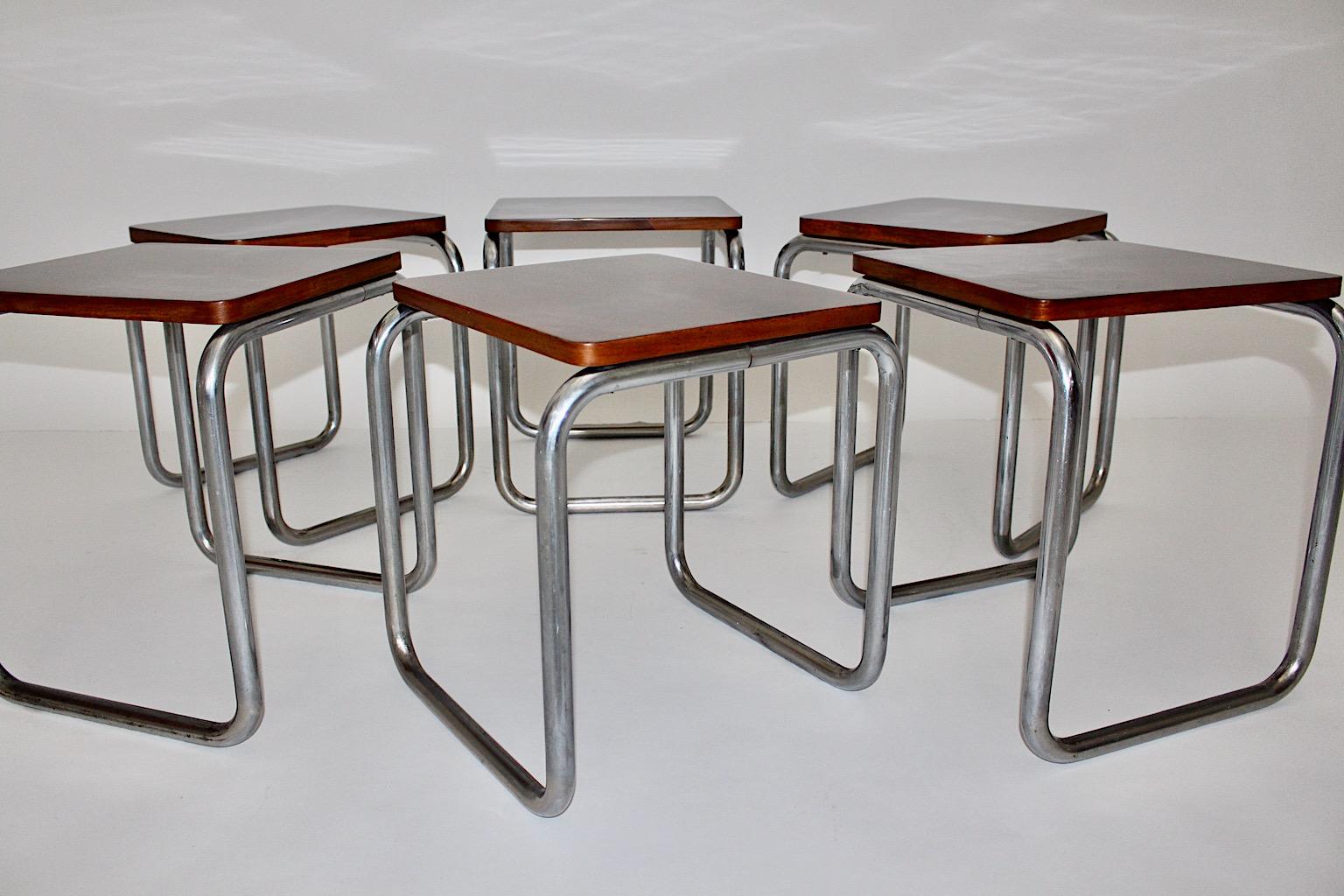 Bauhaus Style Vintage Walnut Metal Six Stools Karl Fostel´s Erben 1930s Vienna For Sale 4