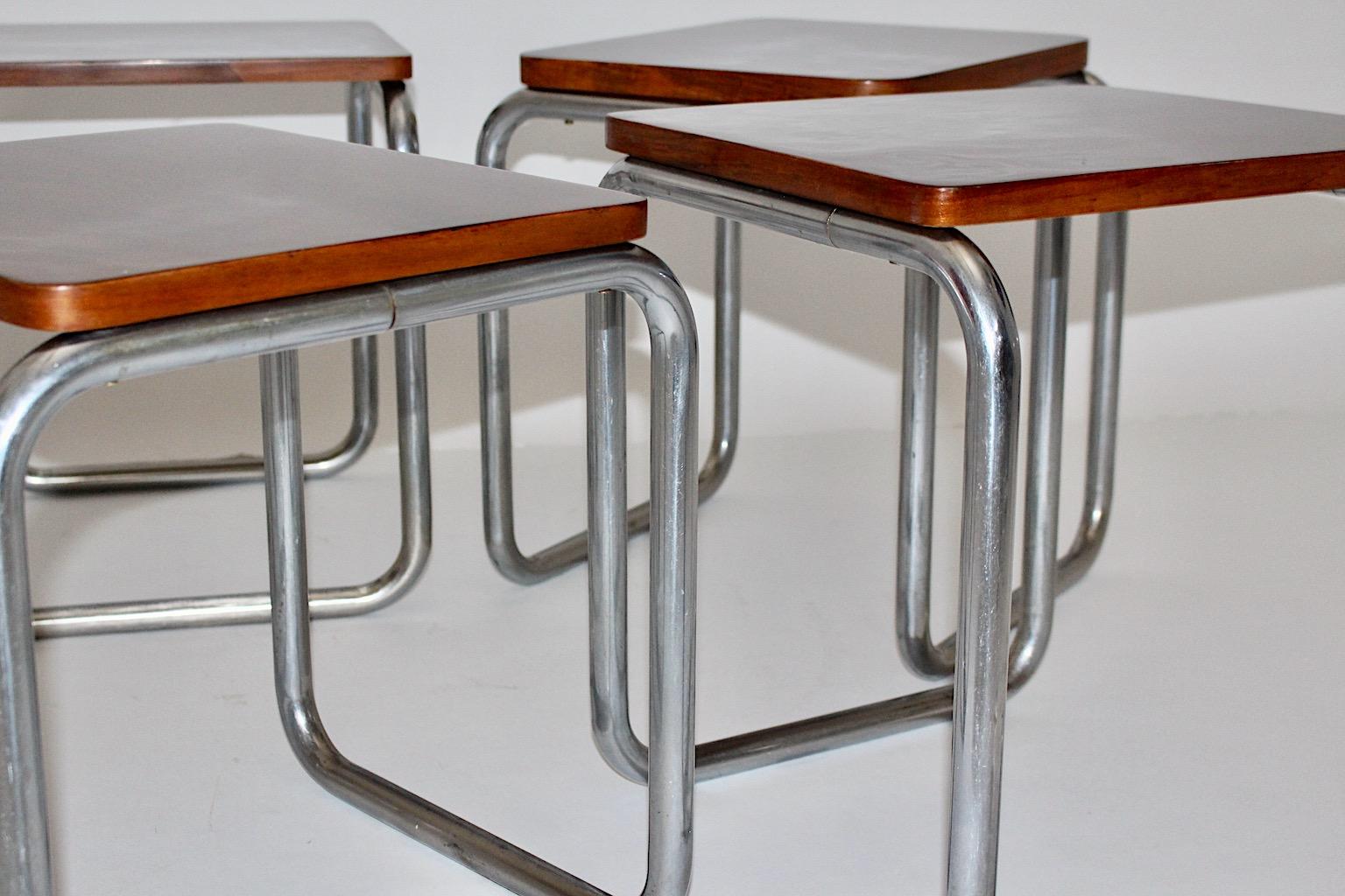 Style Bauhaus Vintage Noyer Métal Six Tabourets Karl Fostel's Erben 1930s Vienne en vente 6