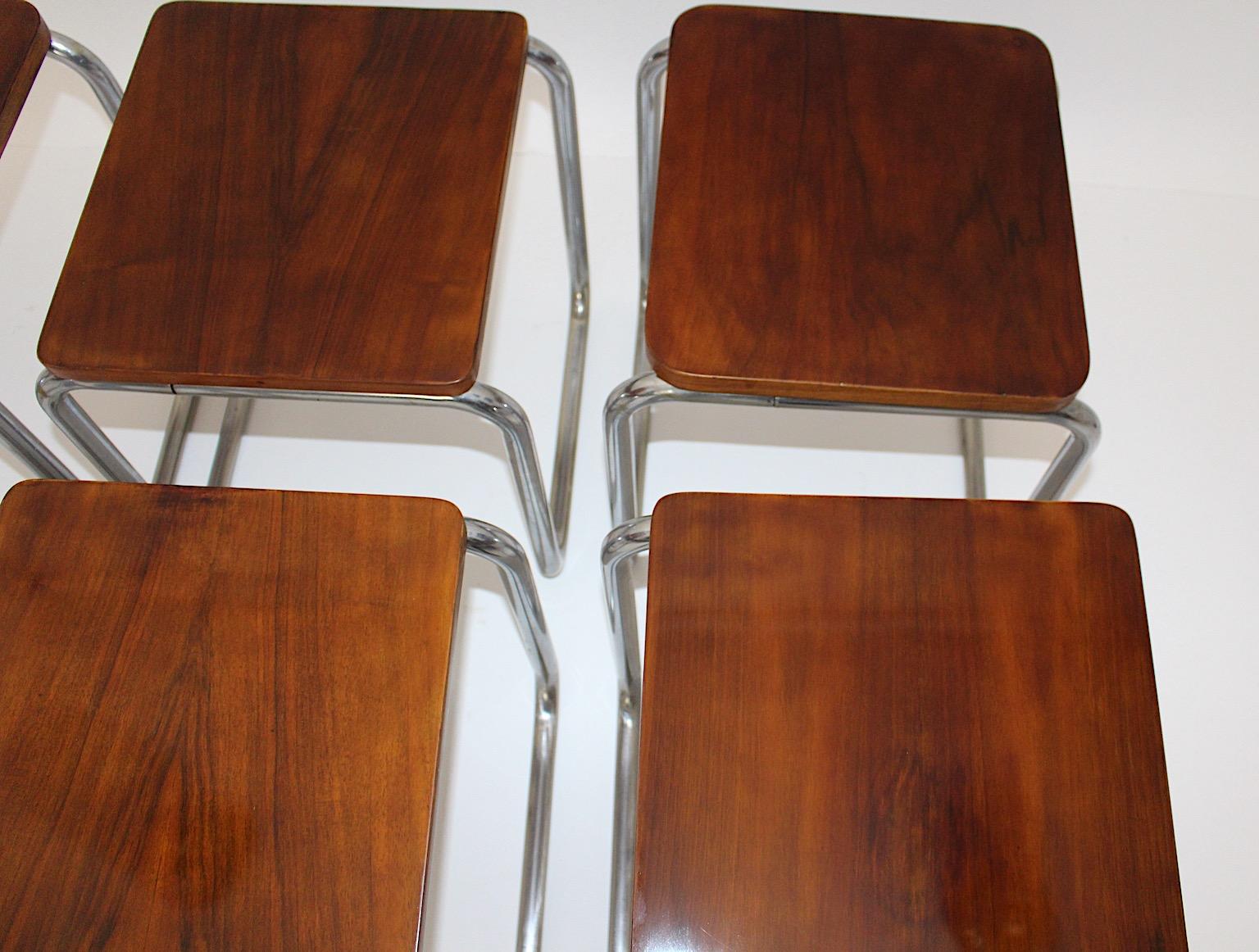 Style Bauhaus Vintage Noyer Métal Six Tabourets Karl Fostel's Erben 1930s Vienne en vente 8