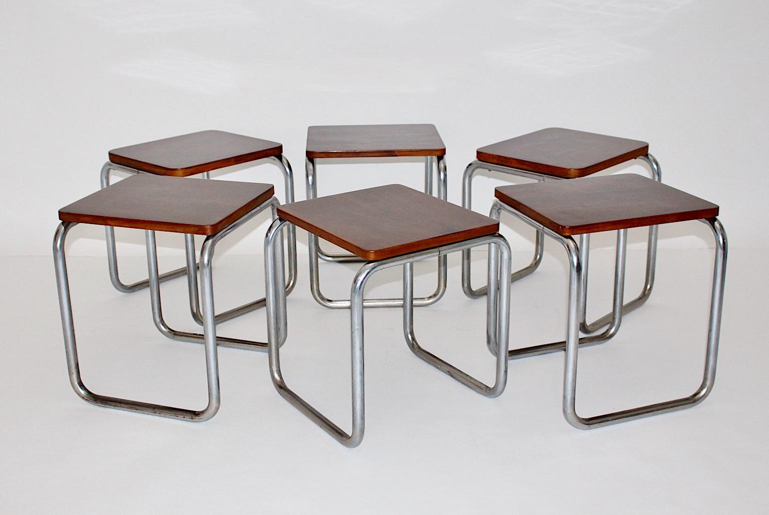 Bauhaus Style Vintage Walnut Metal Six Stools Karl Fostel´s Erben 1930s Vienna For Sale 2