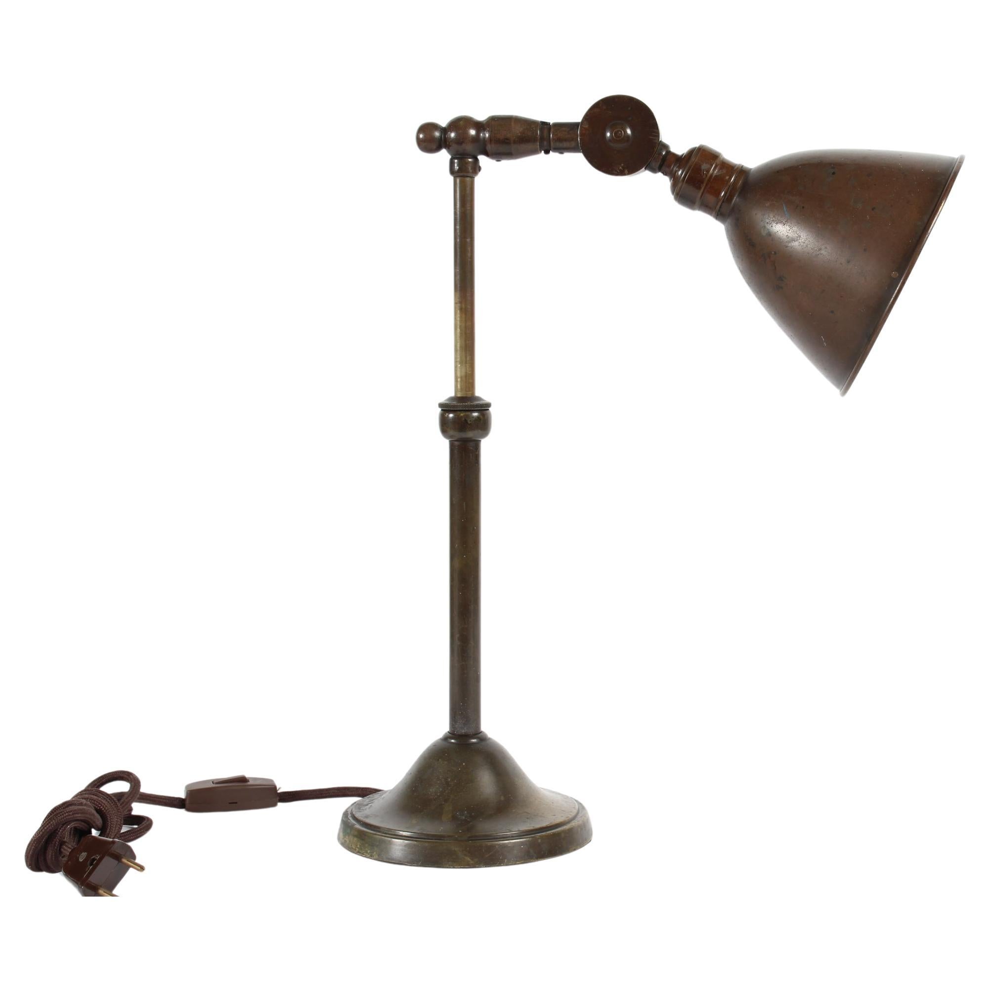 Bauhaus Telescopic and Flexible Desk Lamp of Brass with Brown Patina 1930s For Sale