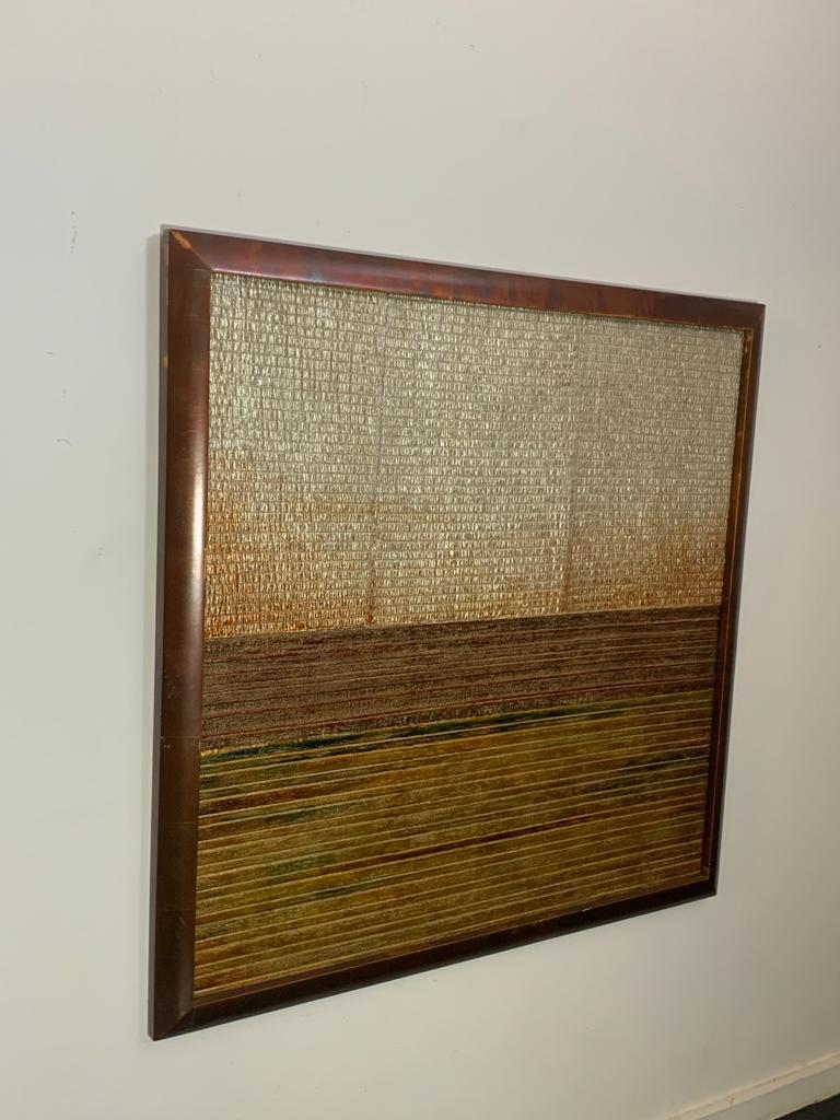 Panel with wooden base worked in relief weaving patterns executed in resin. The wooden frame is finished in bronze/copper. The colours as photo are slightly metallic. The theme is in the Bauhaus style.