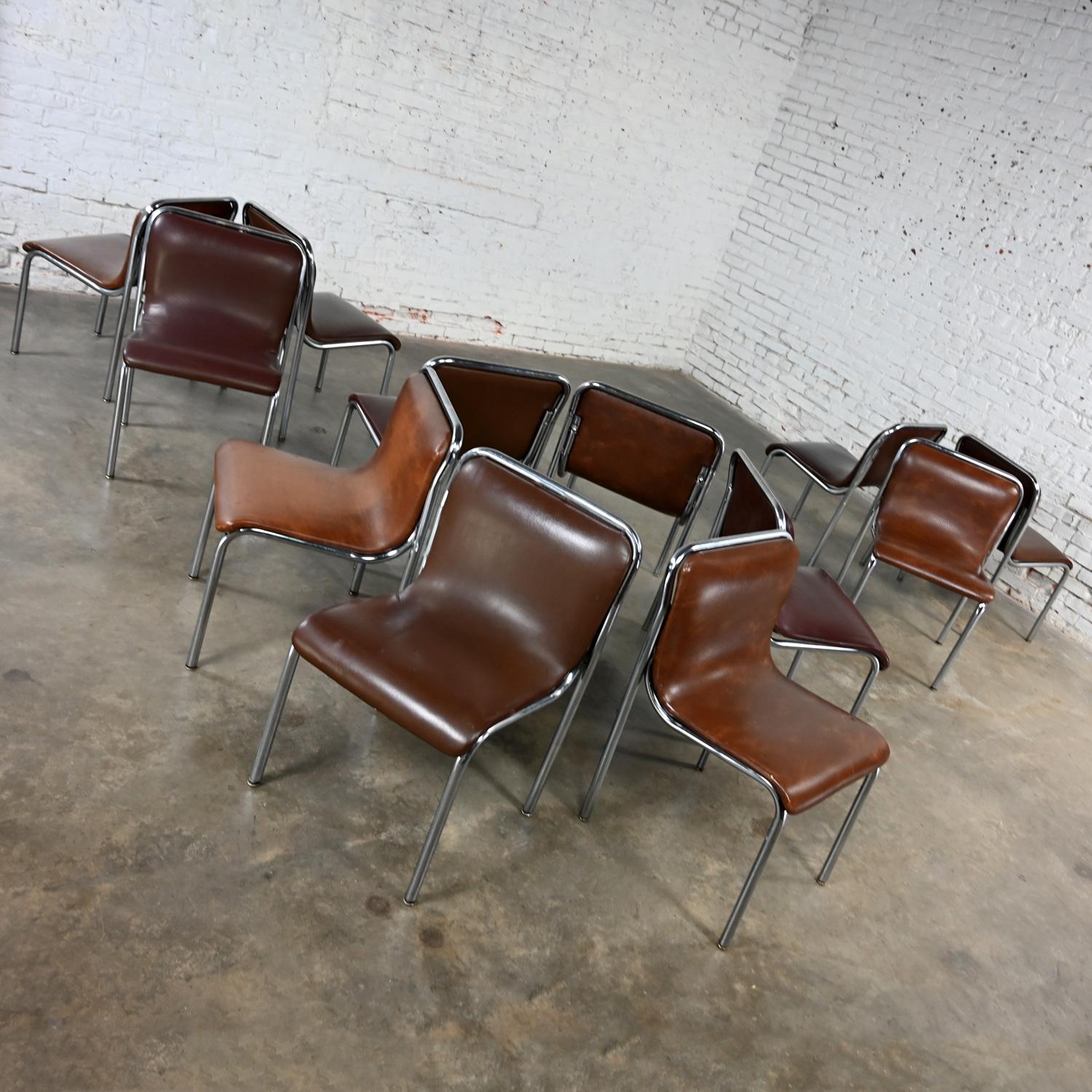 Bauhaus to MCM Brown Vinyl and Chrome Scoop Chairs by Jansko Set of 12