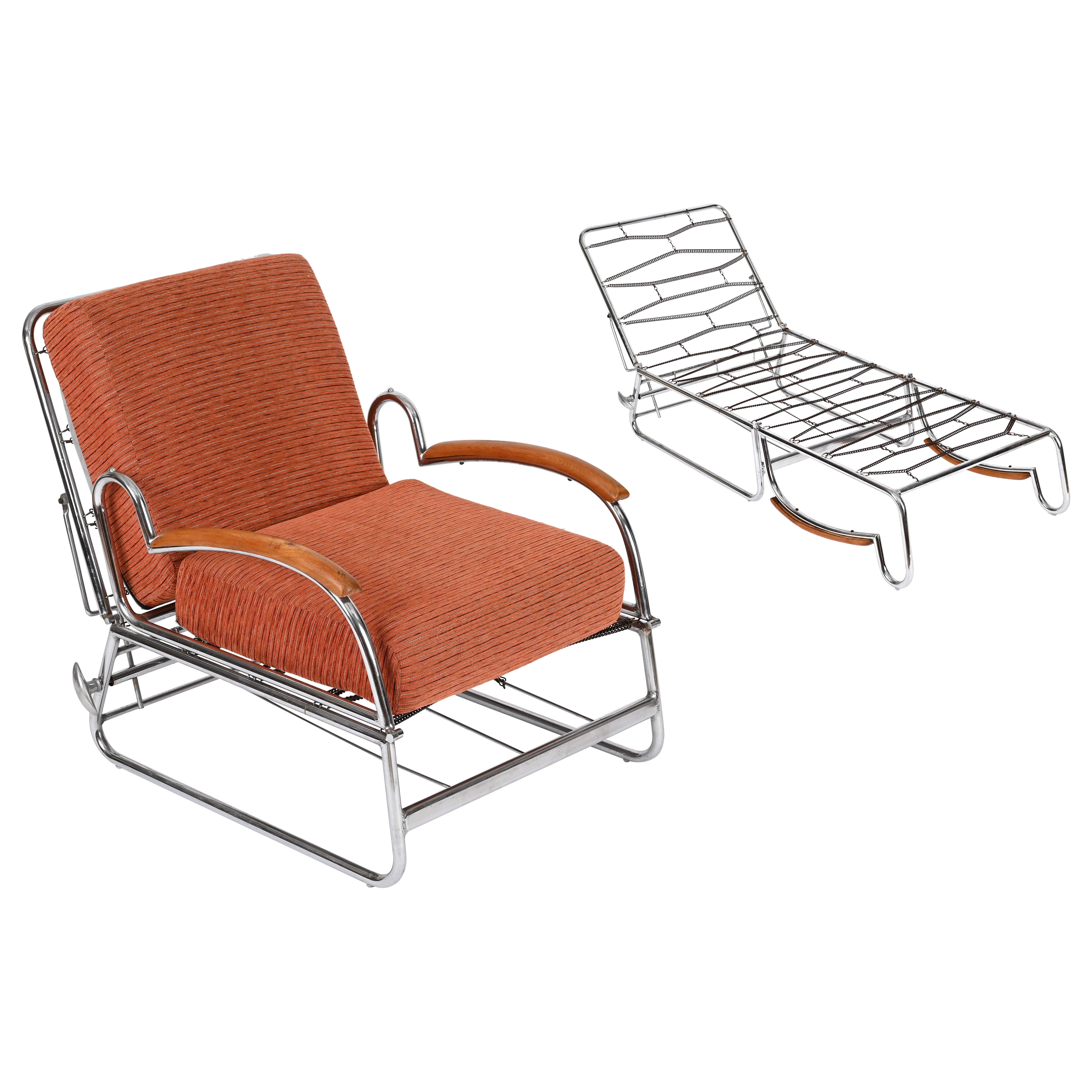 Sillón cama regulable Bauhaus de tubo de cromo y nogal, Marcel Breuer, años 40 en venta