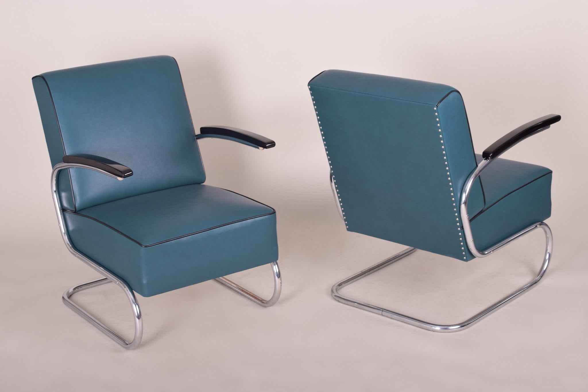 Fabric Bauhaus Tubular Chrome Armchairs by Mücke Melder, Restored Leather, 1930s For Sale