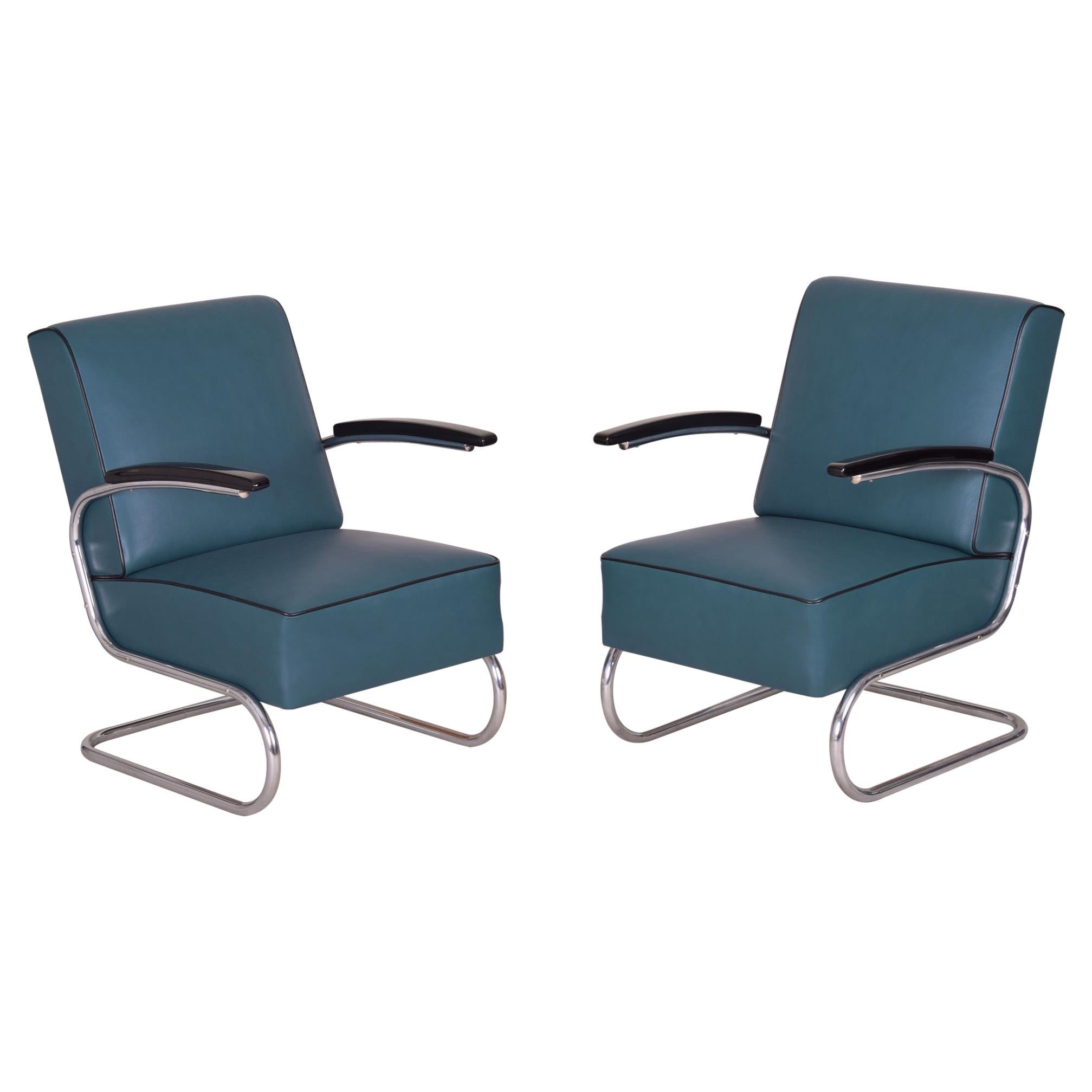 Bauhaus Tubular Chrome Armchairs by Mücke Melder, Restored Leather, 1930s For Sale