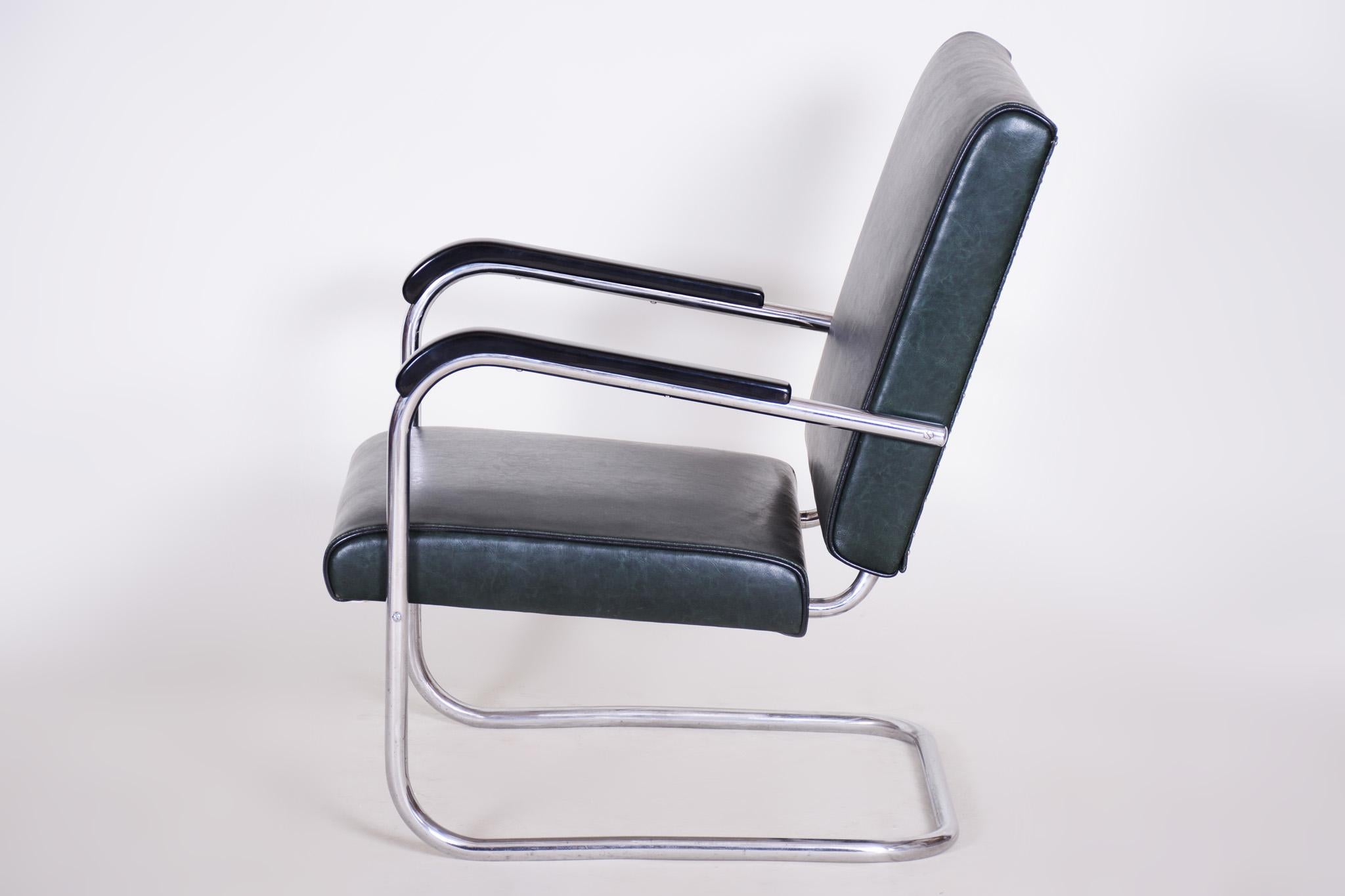 Leather Bauhaus Tubular Chrome-Plated Steel Armchair by SAB, New Upholstery, 1930s