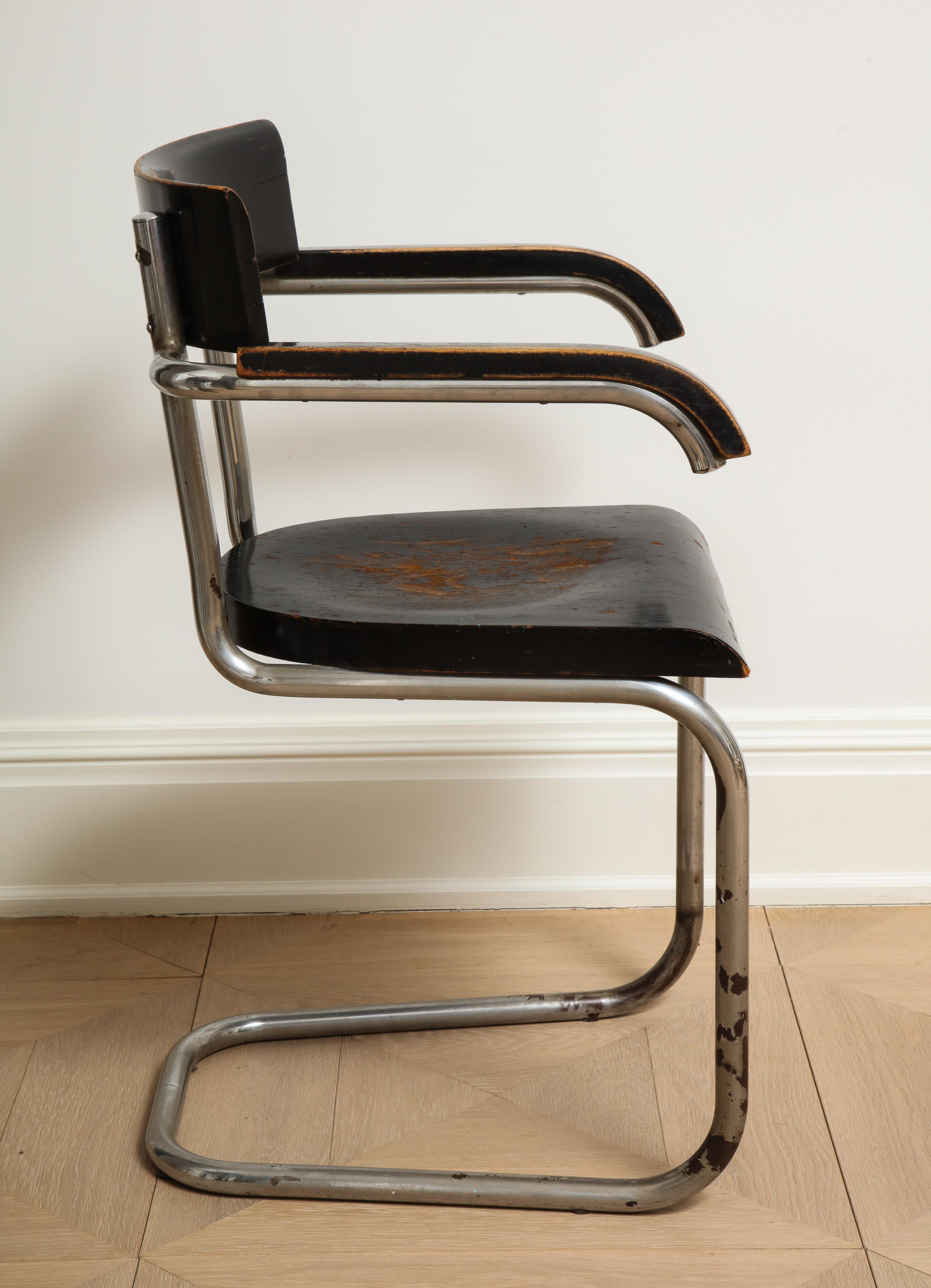 Ebonized Bauhaus Tubular Chromed Steel and Beech Armchair by Mart Stam for Thonet For Sale