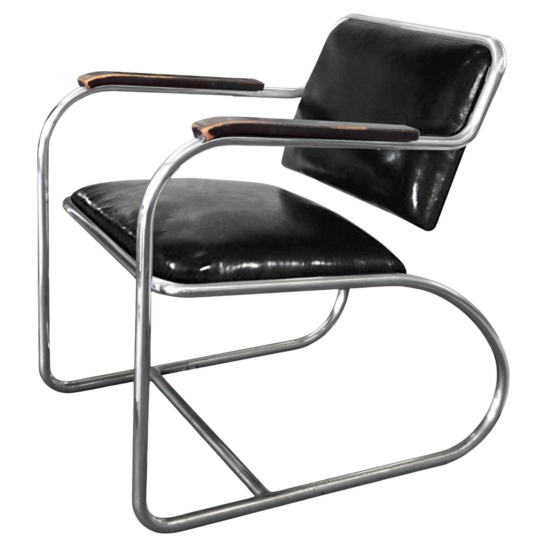 Fauteuil Bauhaus en acier tubulaire par Mauser, métal chromé, cuir, Allemagne, 1936