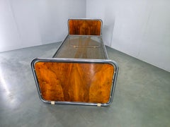 Bauhaus Tubular Steel Bed with Walnut Panels, Czechoslovakia, 1930s