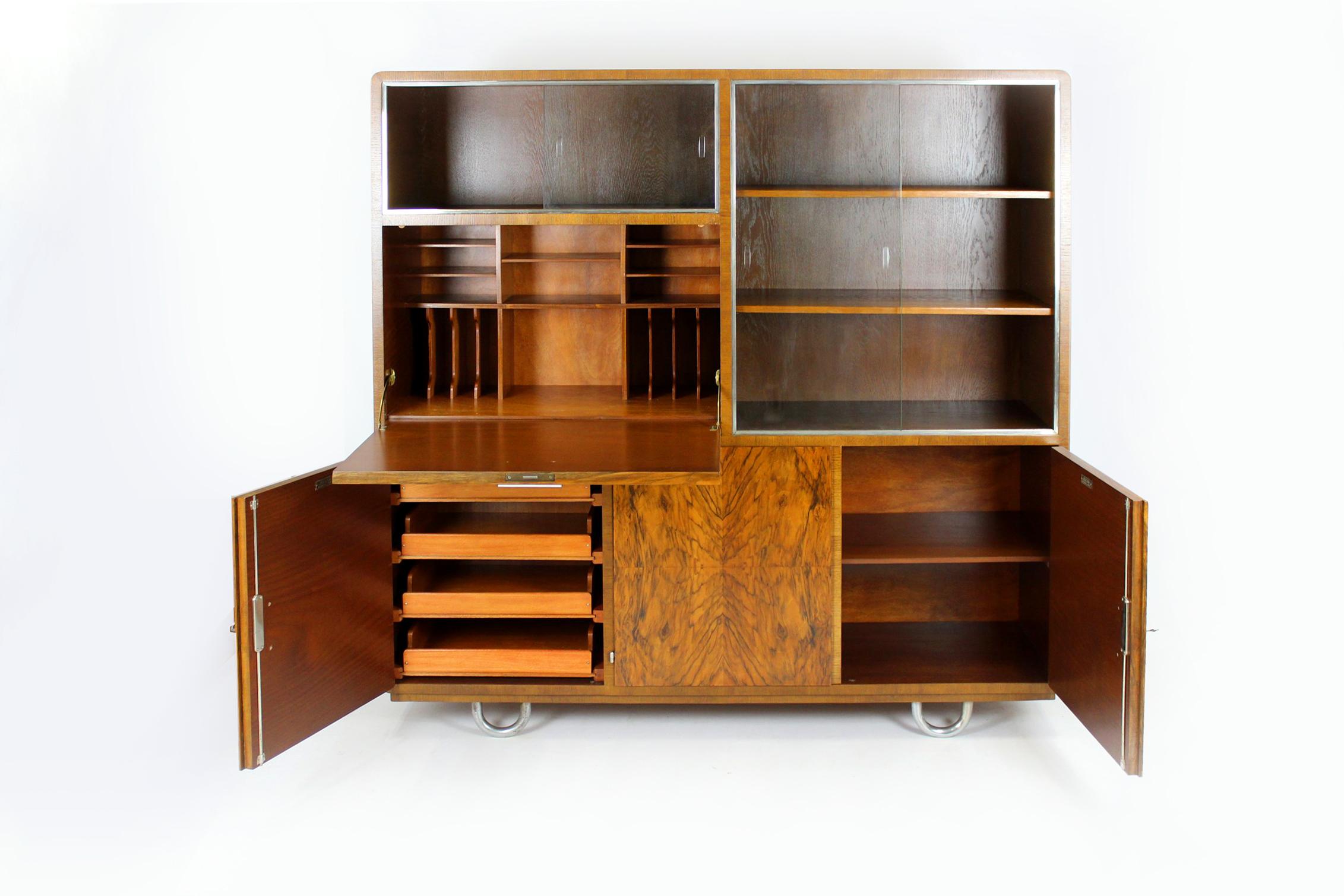 Bauhaus Tubular Steel Cupboard Cabinet with Secretary Desk by R. Slezak, 1930s In Good Condition For Sale In Żory, PL