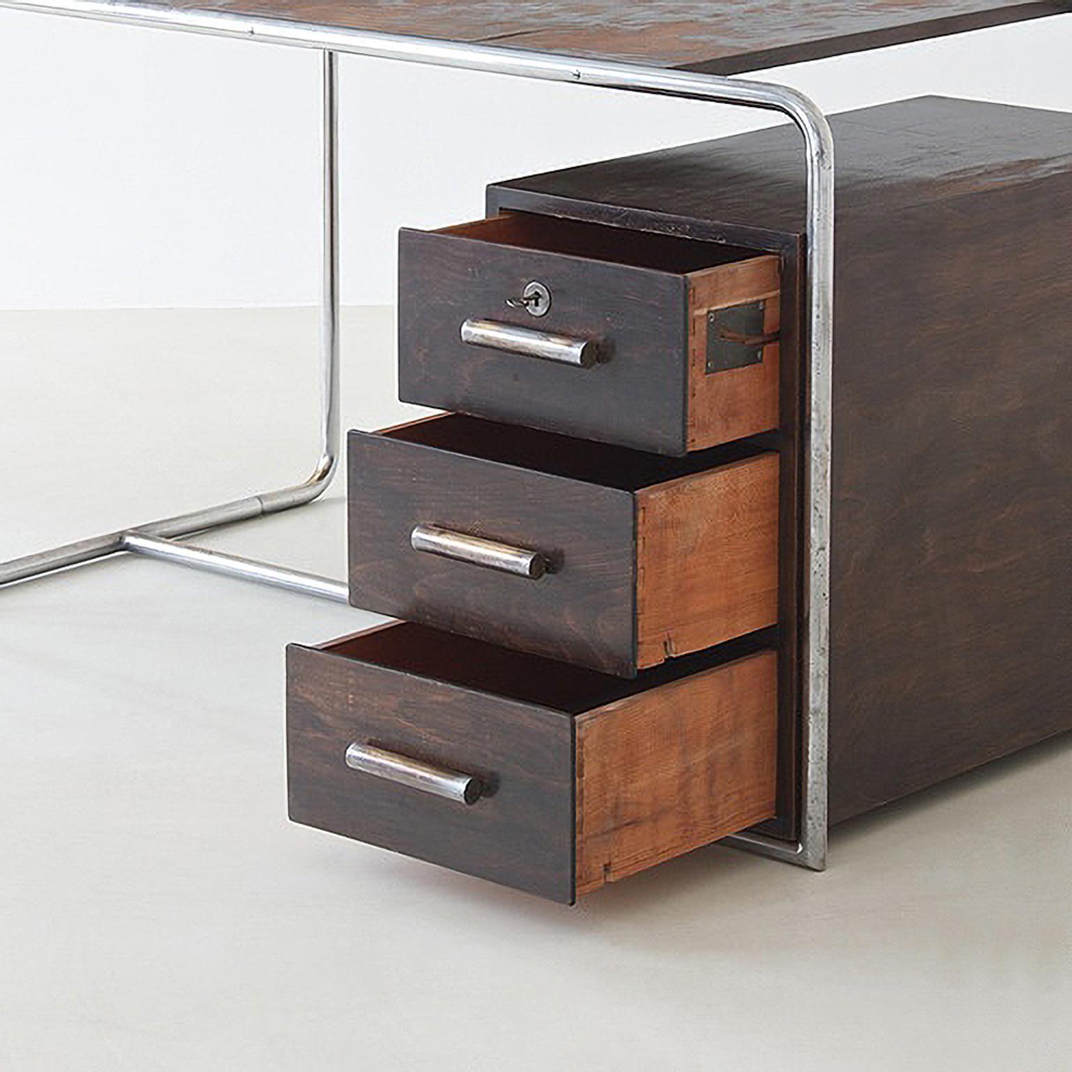 Mid-20th Century Bauhaus Tubular Steel Desk by Bruno Weil for Thonet, Stained Wood, Germany, 1930 For Sale