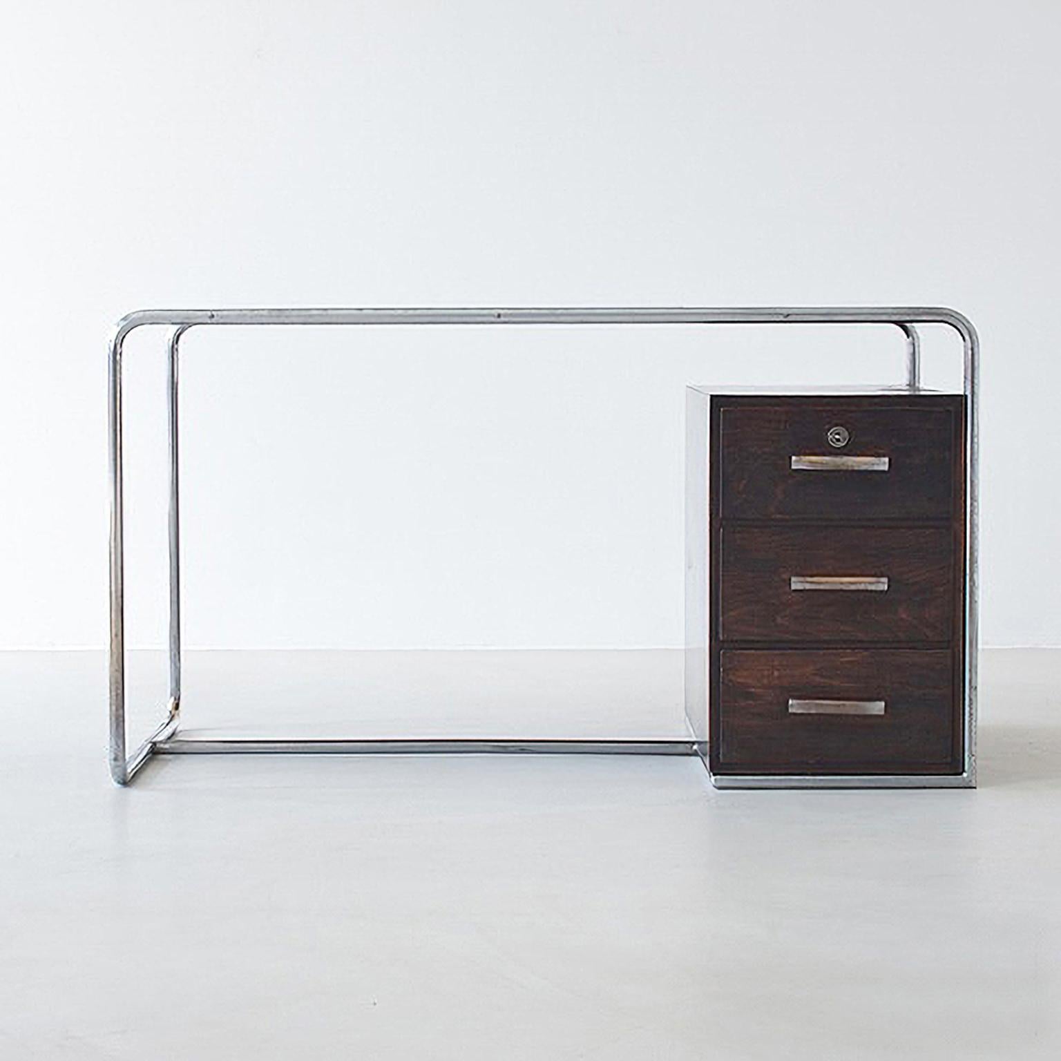Metal Bauhaus Tubular Steel Desk by Bruno Weil for Thonet, Stained Wood, Germany, 1930 For Sale