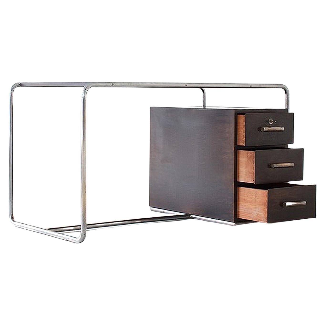 Bauhaus Tubular Steel Desk by Bruno Weil for Thonet, Stained Wood, Germany, 1930 For Sale