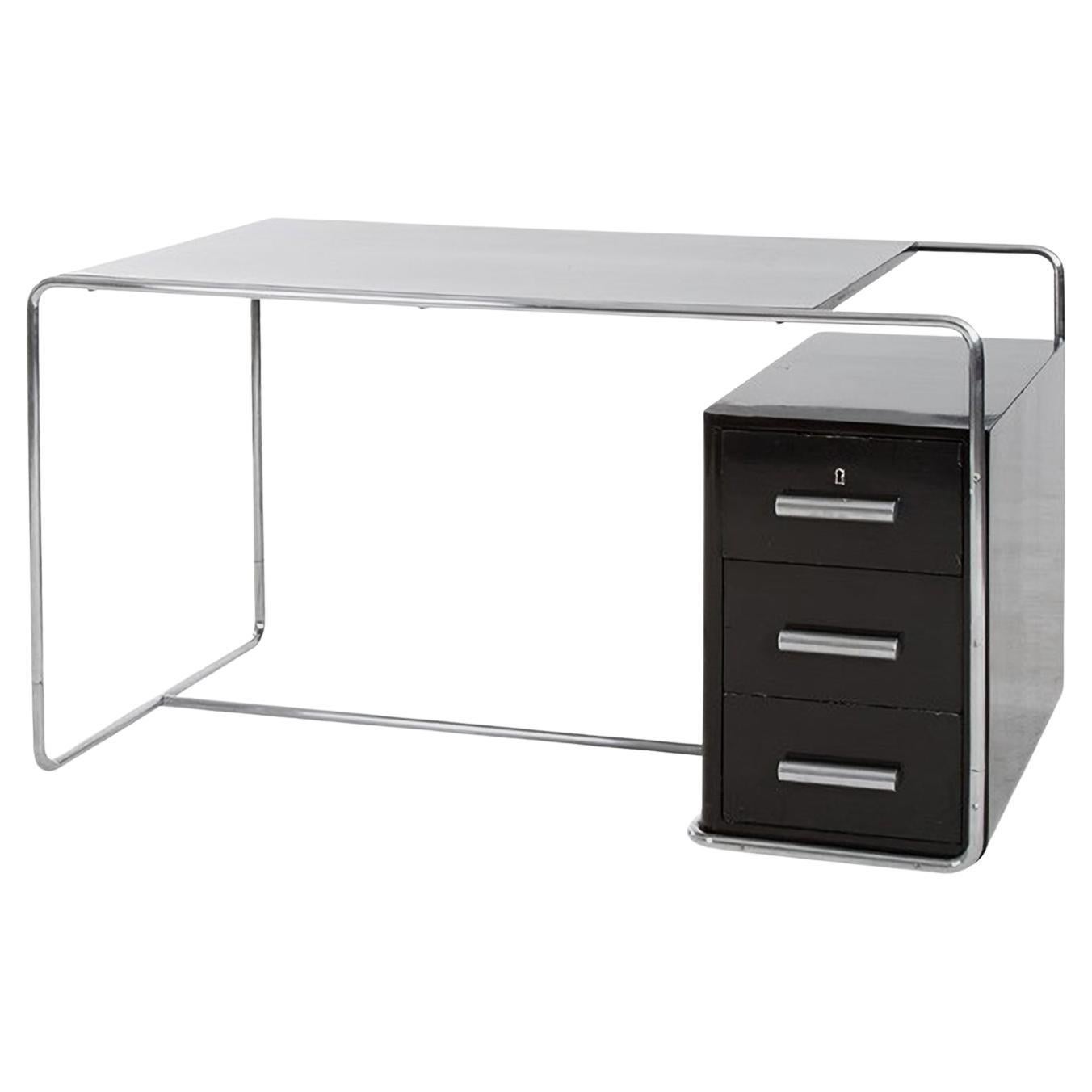 Bauhaus Tubular Steel Desk by Thonet, Chrome Plated Metal, Lacquered Wood, 1930