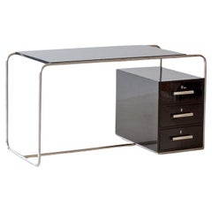 Bauhaus Tubular Steel Desk, Chrome Plated Metal, Stained Wood, Germany, c. 1930