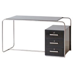Bauhaus Tubular Steel Desk, Chrome Plated Metal, Stained Wood, Germany, c. 1930