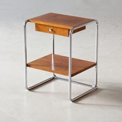 Bauhaus Tubular Steel End Table With Drawer, Chromed Metal, Veneered Wood, 1930