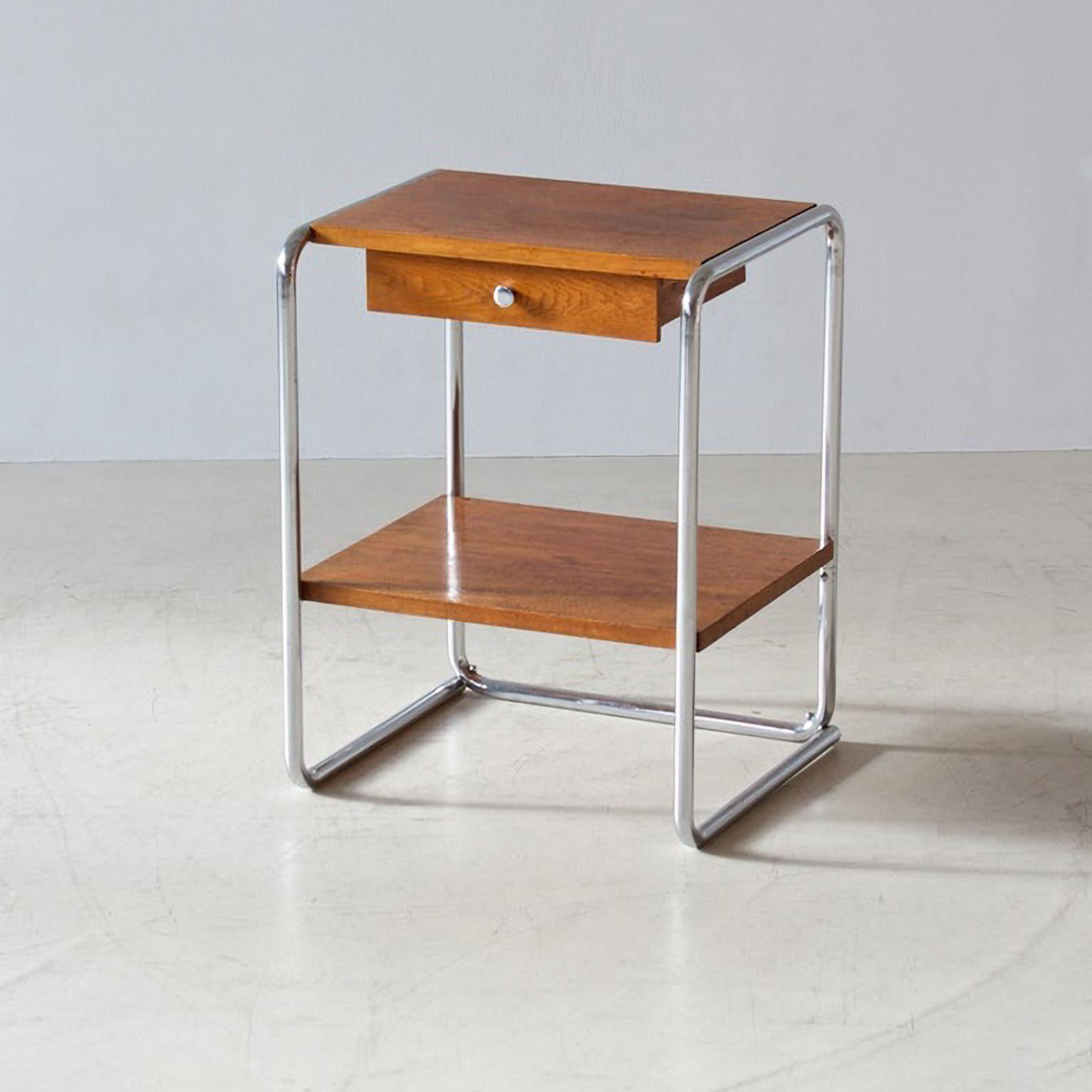 German Bauhaus Tubular Steel End Table With Drawer, Chromed Metal, Veneered Wood, 1930 For Sale
