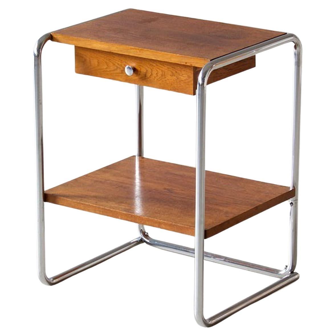 Bauhaus Tubular Steel End Table With Drawer, Chromed Metal, Veneered Wood, 1930 For Sale