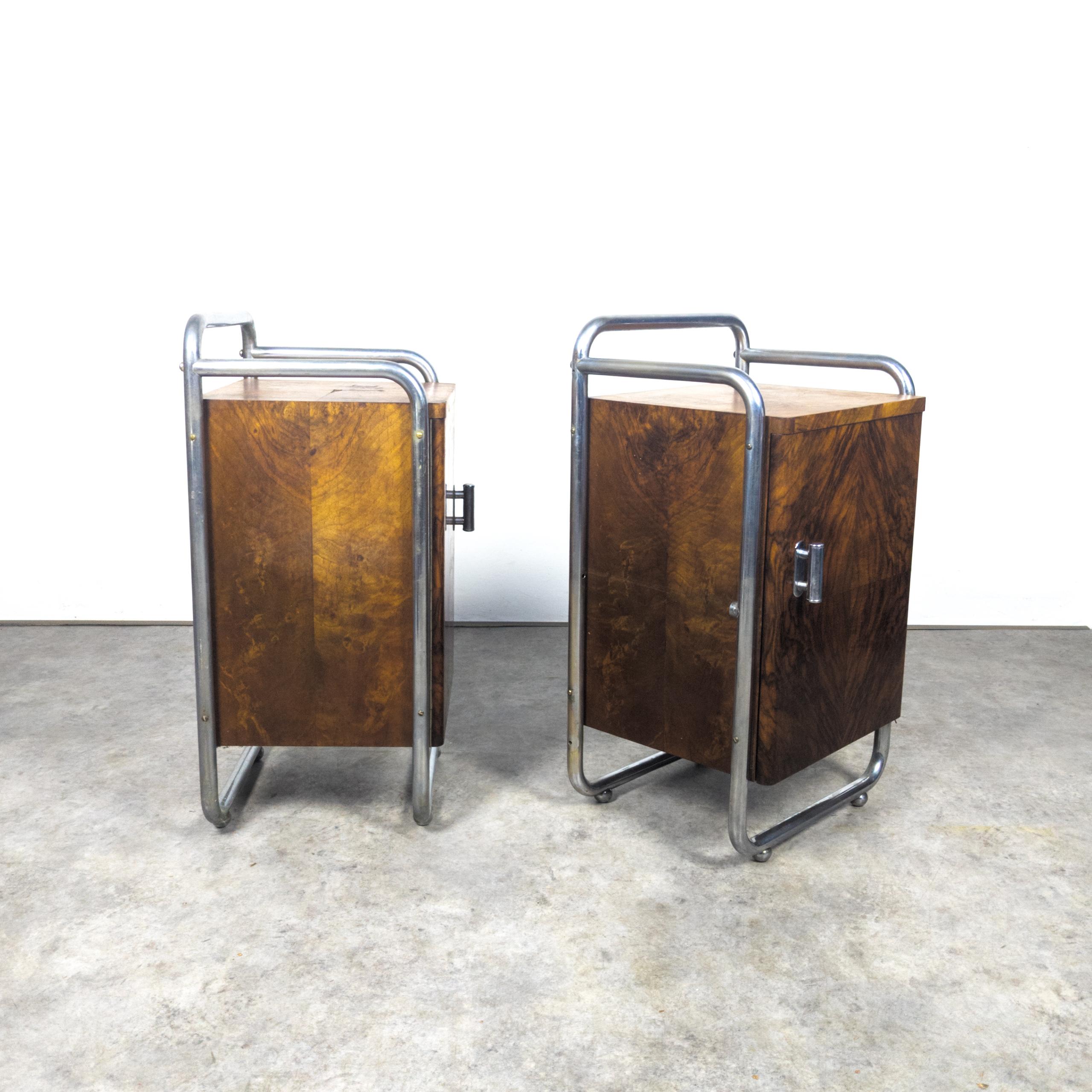 Manufactured by Gottwald company, former Czechoslovakia in the 1930s. Luxurious Art Deco night stands in chrome plated tubular steel and walnut veneered beech wood. In original condition. Chrome in almost perfect condition, veneer with some traces