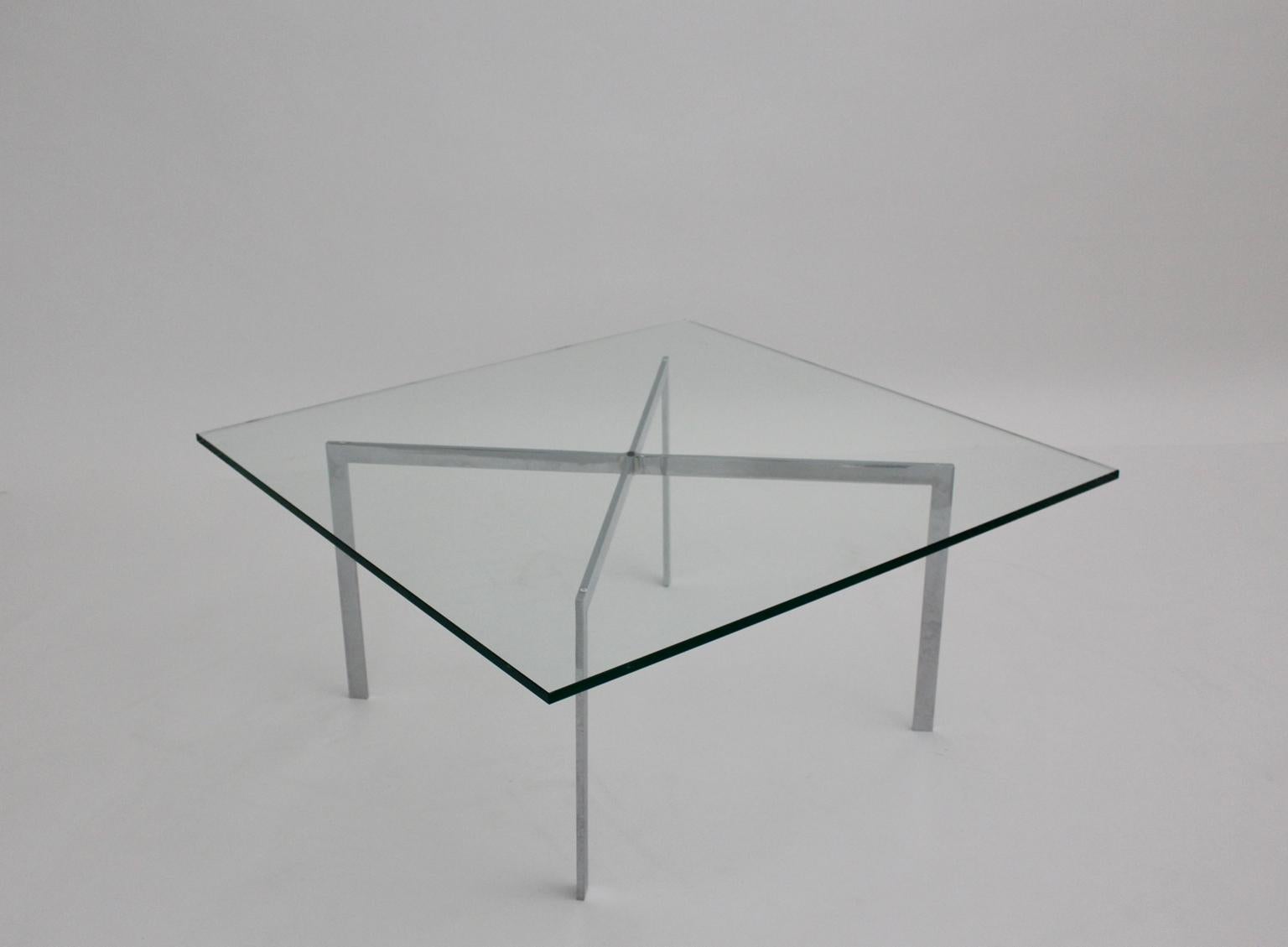 Late 20th Century Bauhaus Vintage Chrome Glass Coffee Table Barcelona by Mies van der Rohe, 1929 For Sale