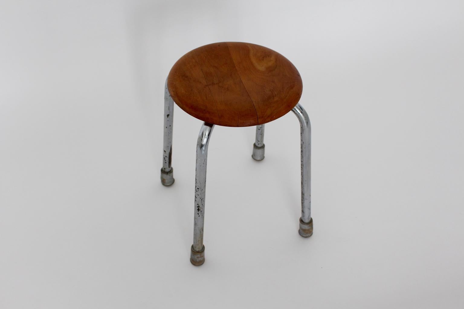 Bauhaus Vintage Metal Beech Stool, 1930s In Good Condition For Sale In Vienna, AT