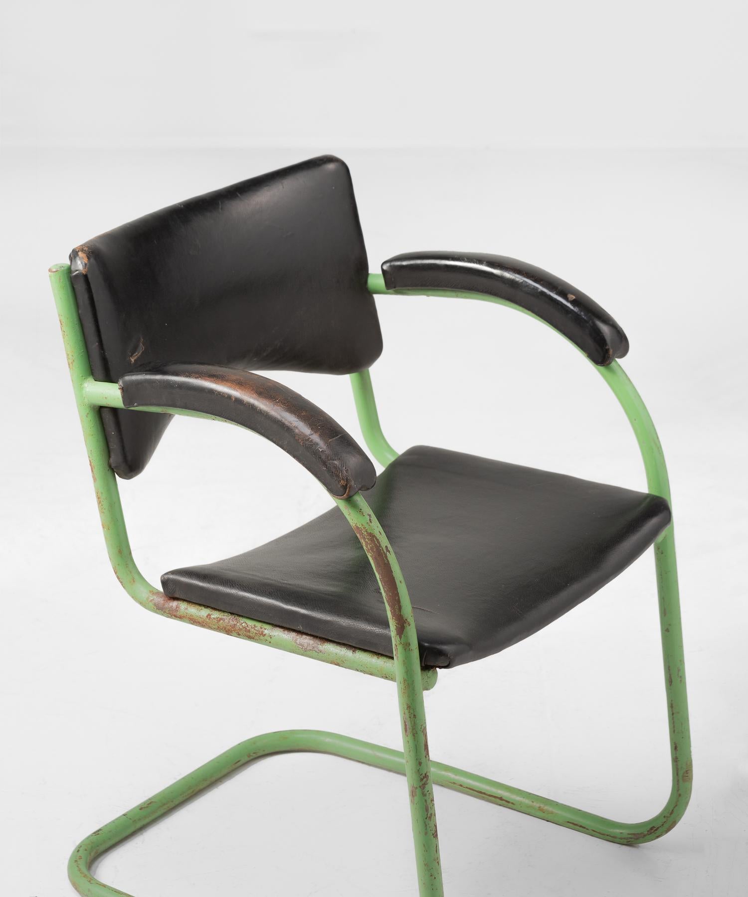 German Bauhaus Vinyl-Leather and Metal Armchair, circa 1930