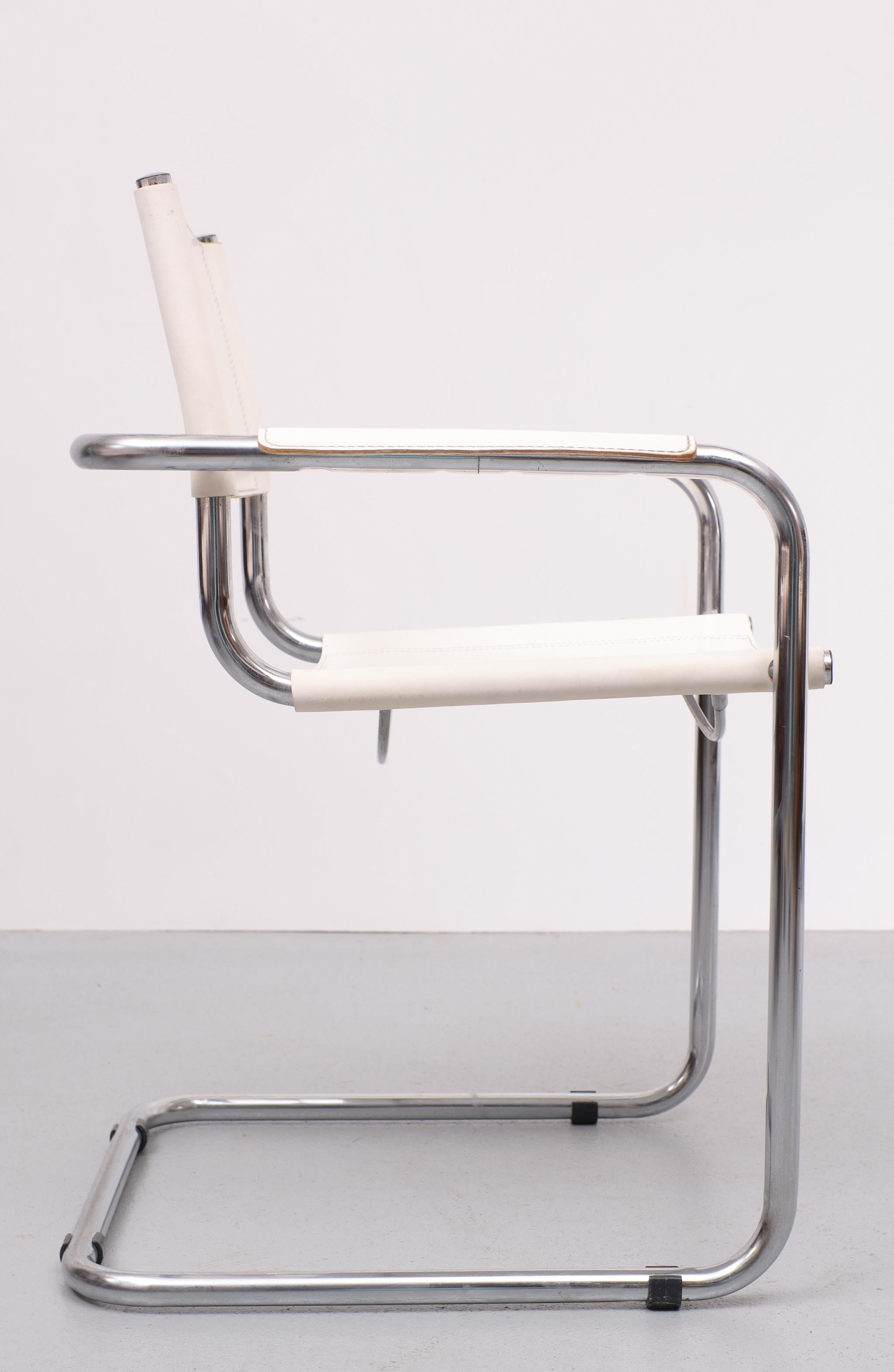 Bauhaus White Leather Arm Chair Mattheo Grassi 1970s Italy 5