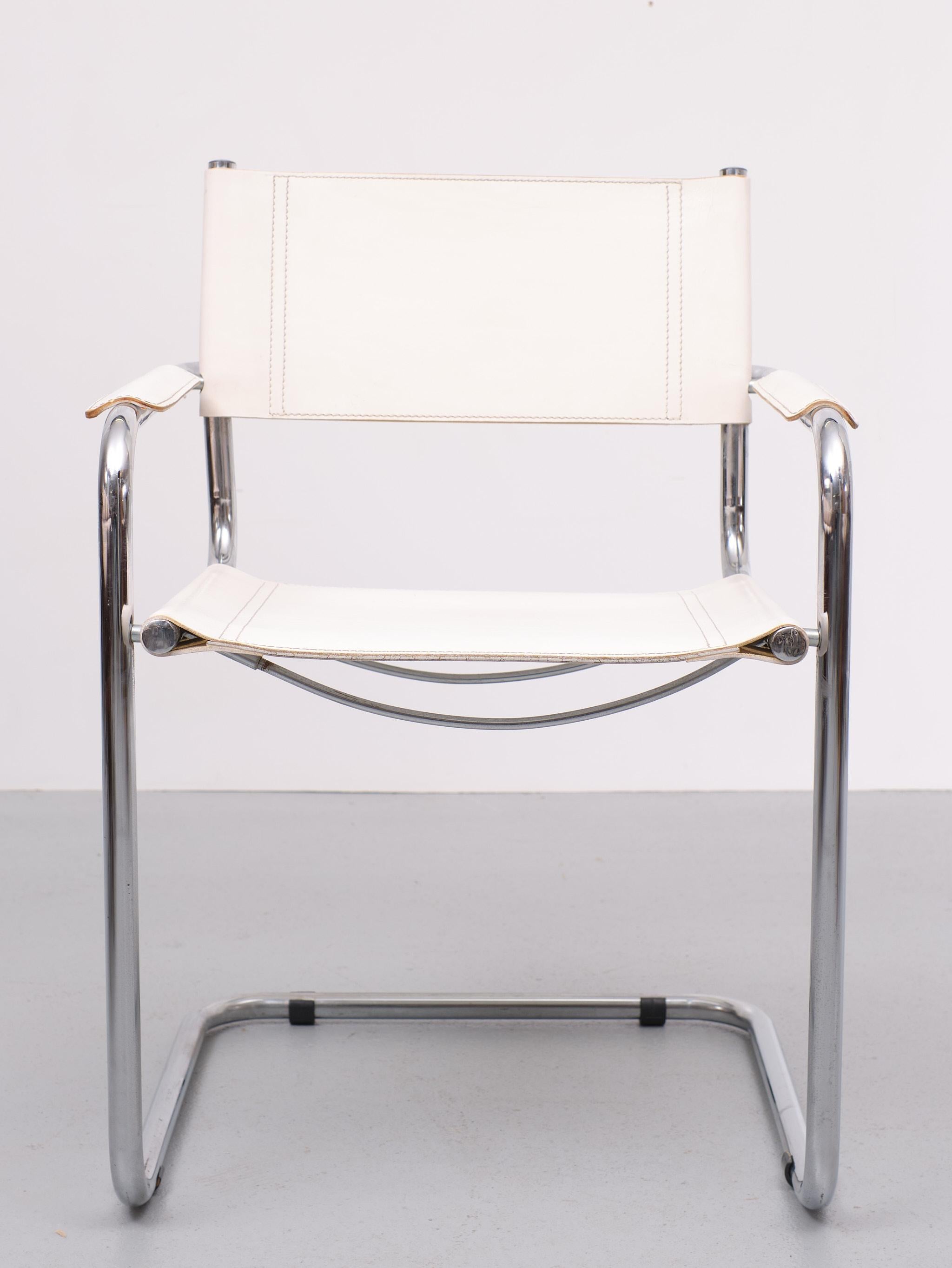 Italian Bauhaus White Leather Arm Chair Mattheo Grassi 1970s Italy