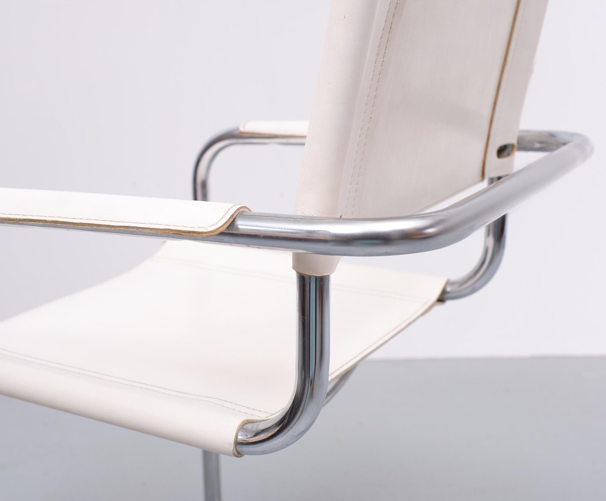 Bauhaus White Leather Arm Chair Mattheo Grassi 1970s Italy 2