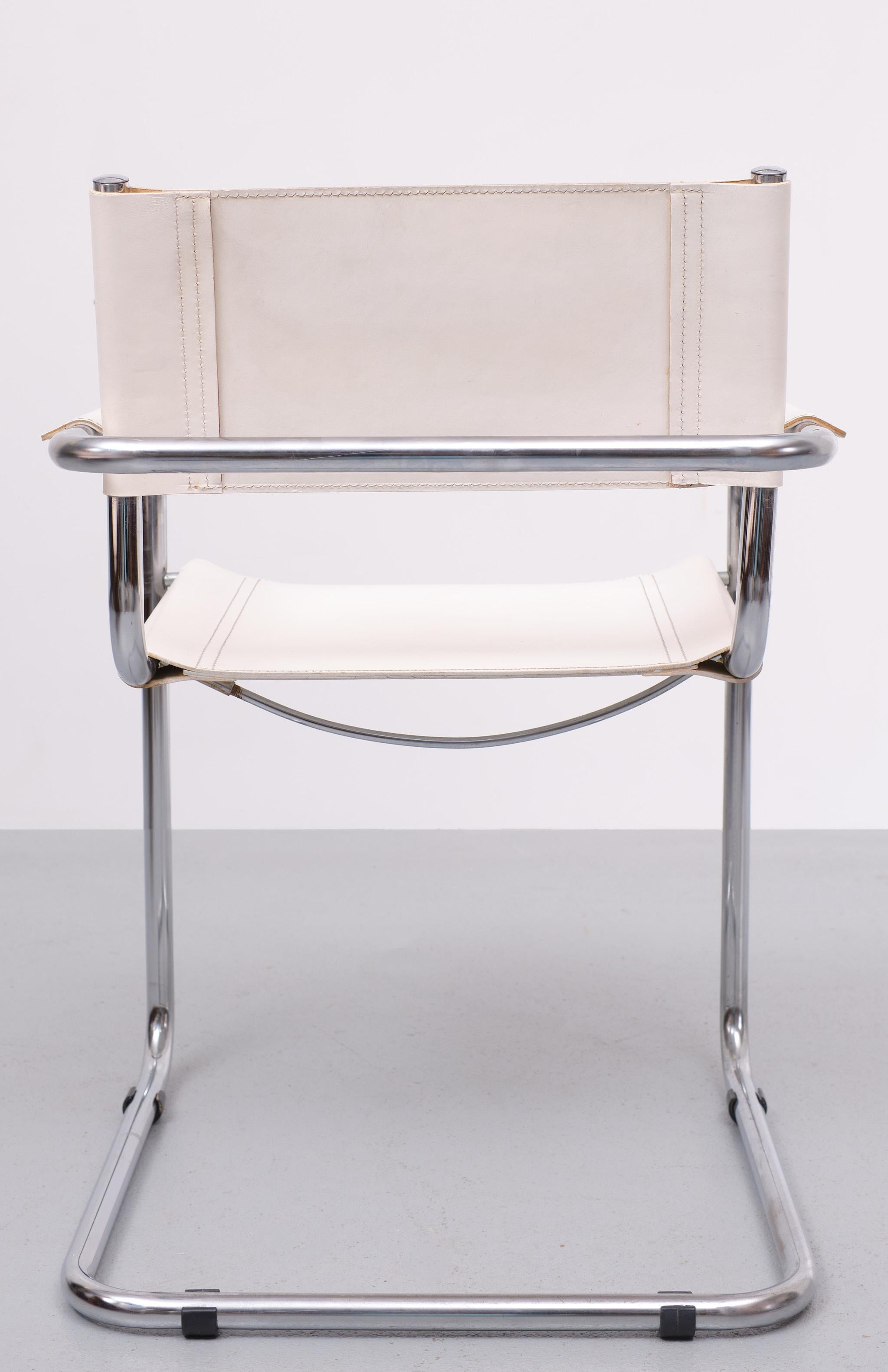 Bauhaus White Leather Arm Chair Mattheo Grassi 1970s Italy 3