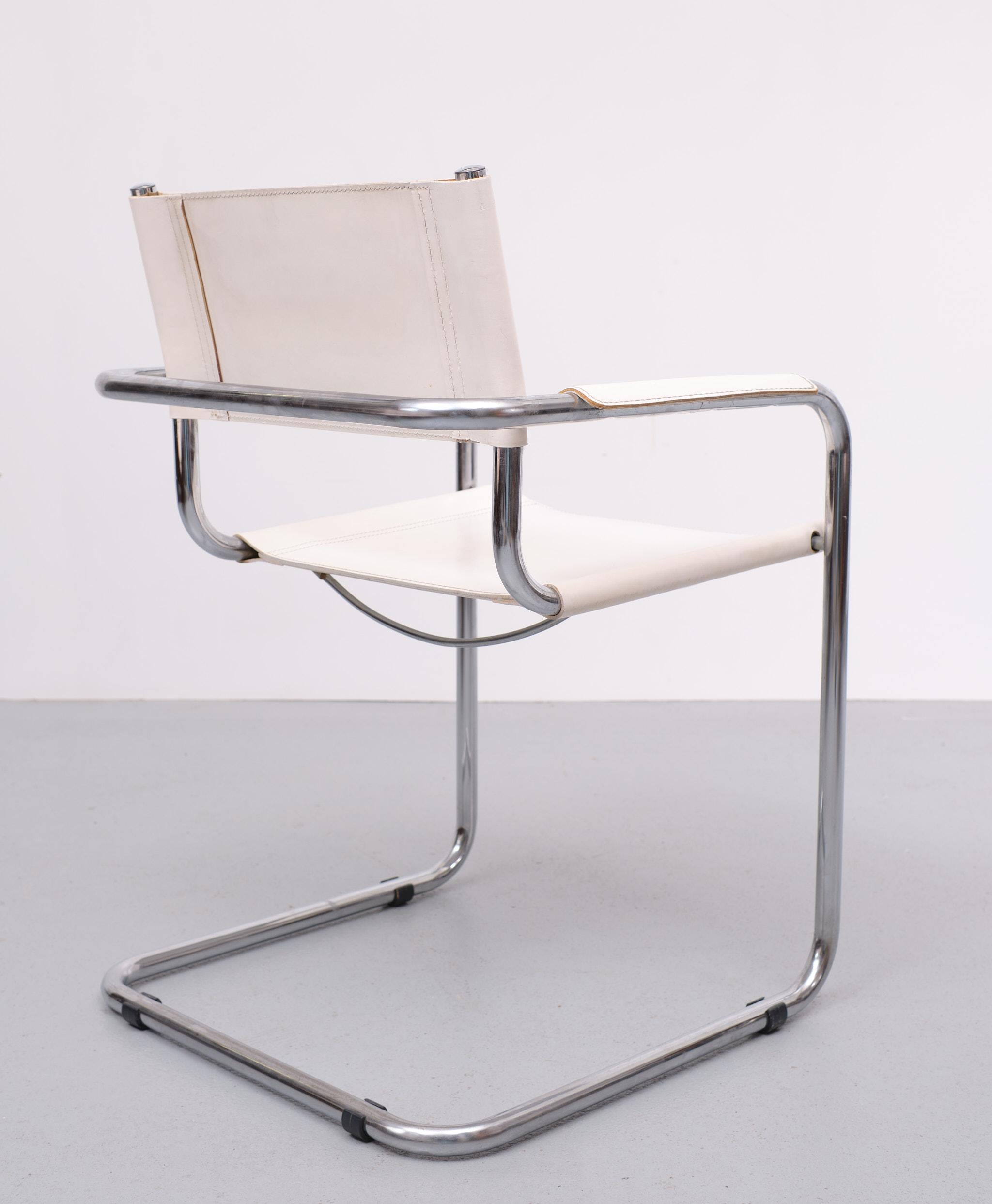 Bauhaus White Leather Arm Chair Mattheo Grassi 1970s Italy 4