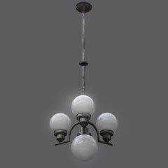 Bauhaus White Opal Globes Nickel Plated Chandelier, Hungary, 1930s