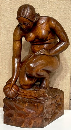 Bauhaus / Wiener Werkstätte School Wood Sculpture of Crouching Venus, Signed